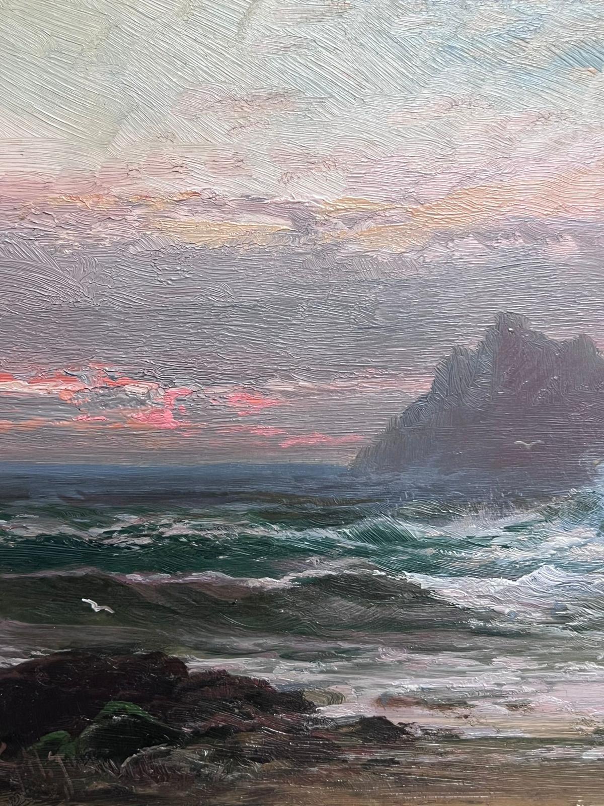 Antique Cornish Oil Painting Sunset Over Rocky Shores Figures Collecting Fish For Sale 3