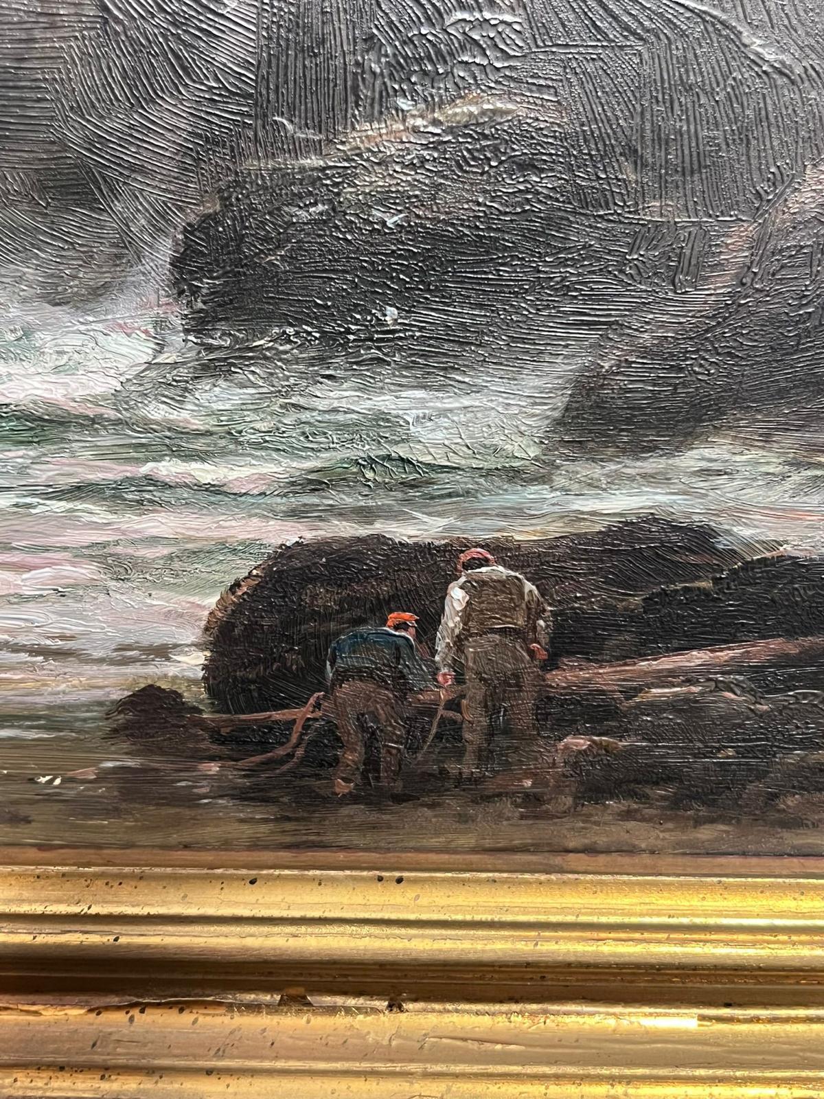 Antique Cornish Oil Painting Sunset Over Rocky Shores Figures Collecting Fish For Sale 6