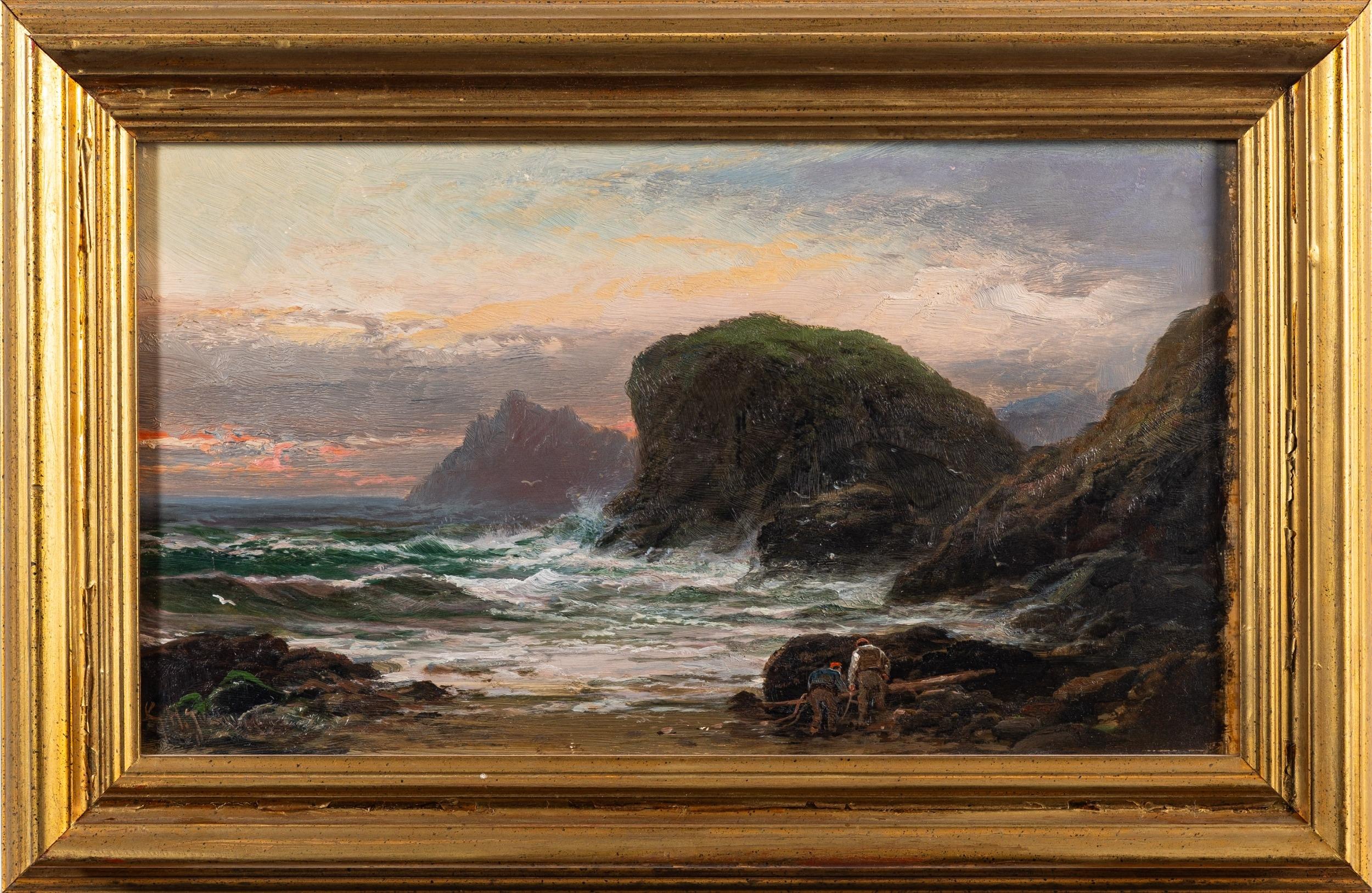 George Henry Jenkins Figurative Painting - Antique Cornish Oil Painting Sunset Over Rocky Shores Figures Collecting Fish