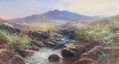 Antique British Oil Painting Fisherman Highland Stream at Sunset, framed oil