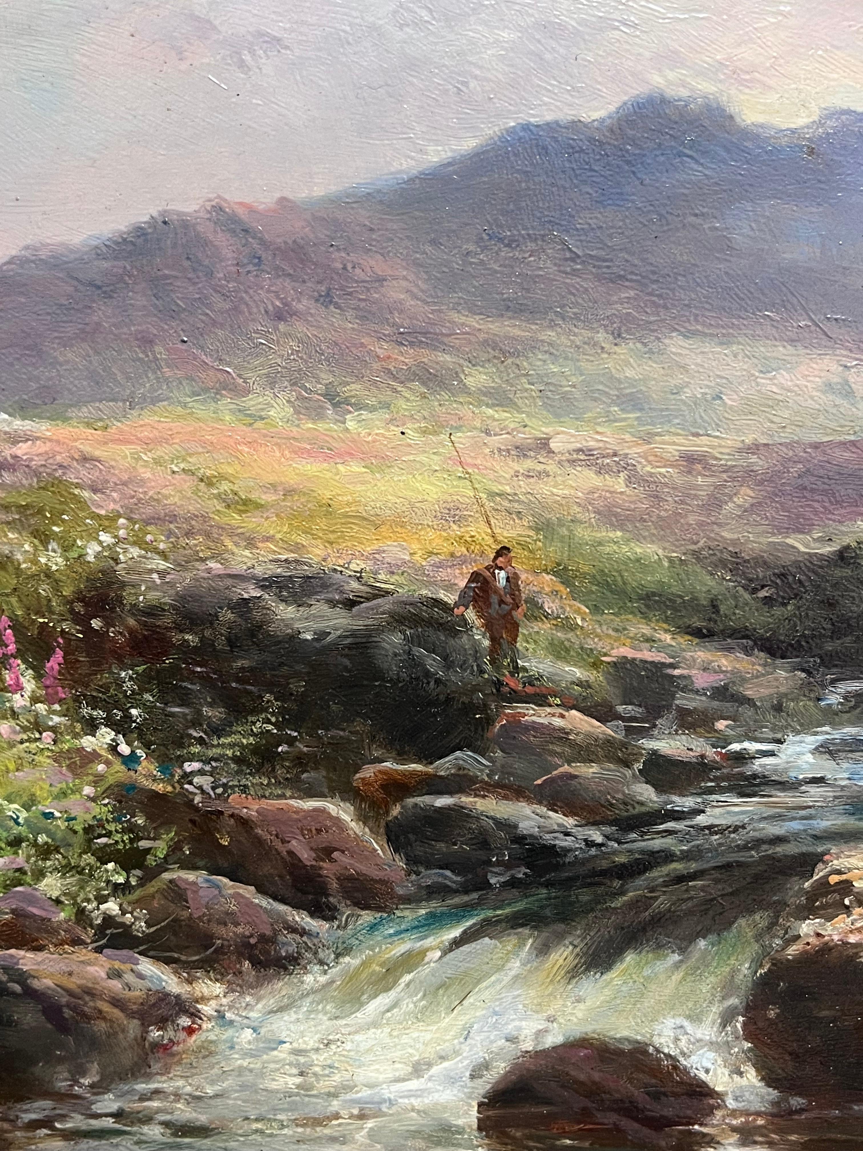 Antique British Oil Painting Fisherman Highland Stream at Sunset, framed oil For Sale 1
