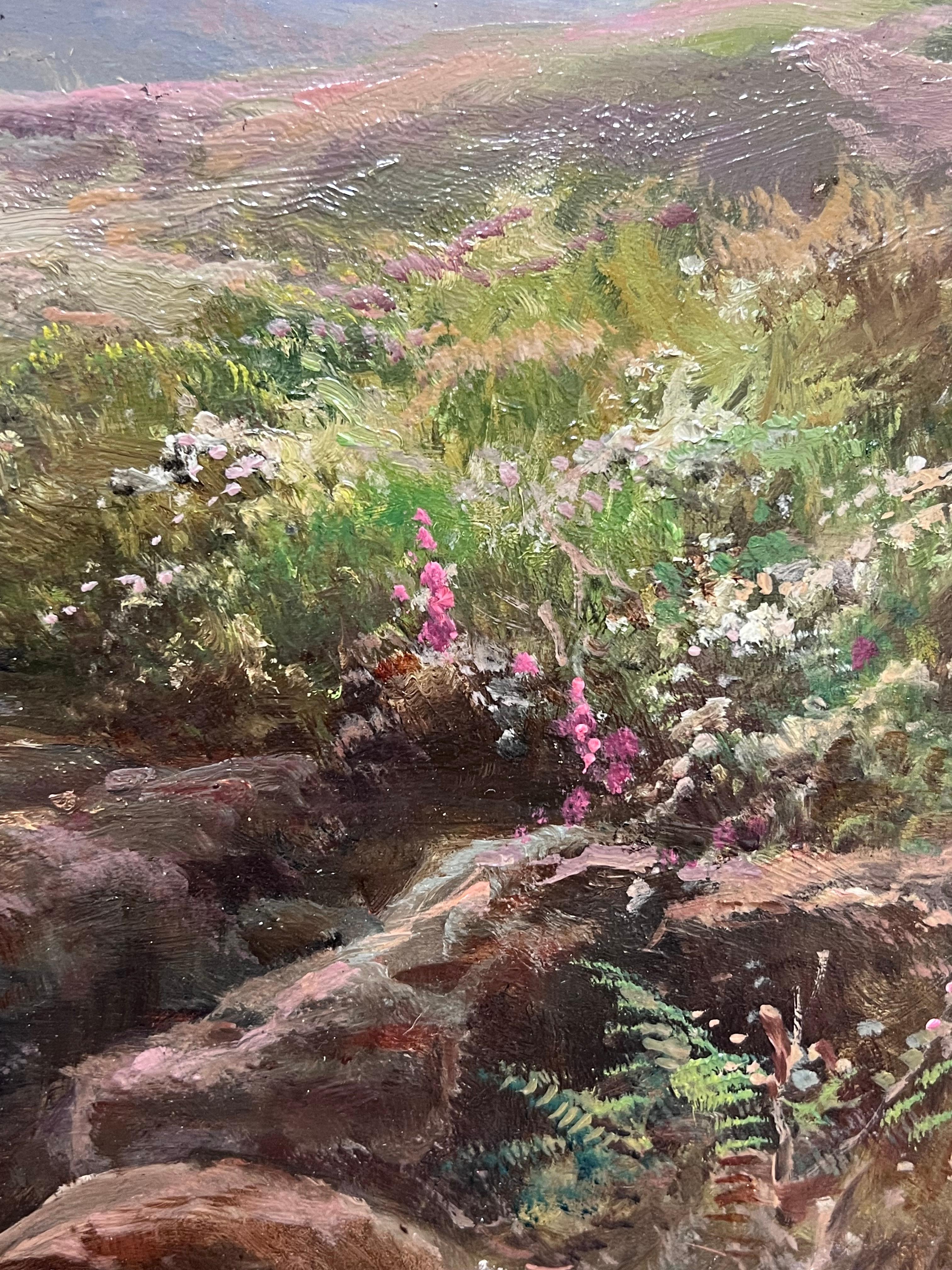 Antique British Oil Painting Fisherman Highland Stream at Sunset, framed oil For Sale 3