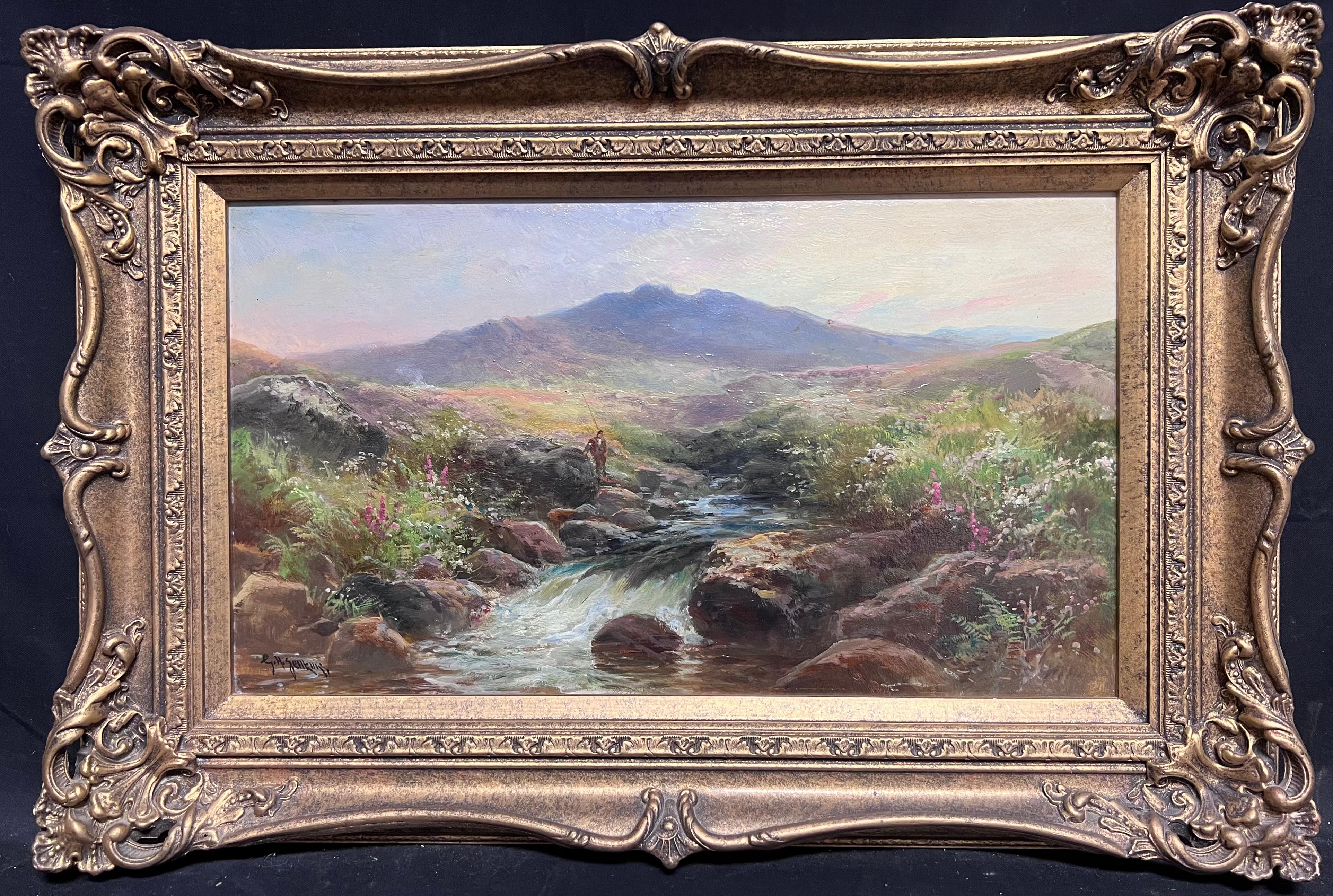 George Henry Jenkins (British, 1843-1914) Figurative Painting - Antique British Oil Painting Fisherman Highland Stream at Sunset, framed oil