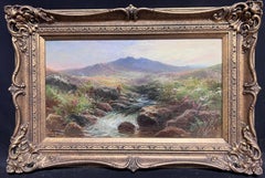 Antique British Oil Painting Fisherman Highland Stream at Sunset, framed oil