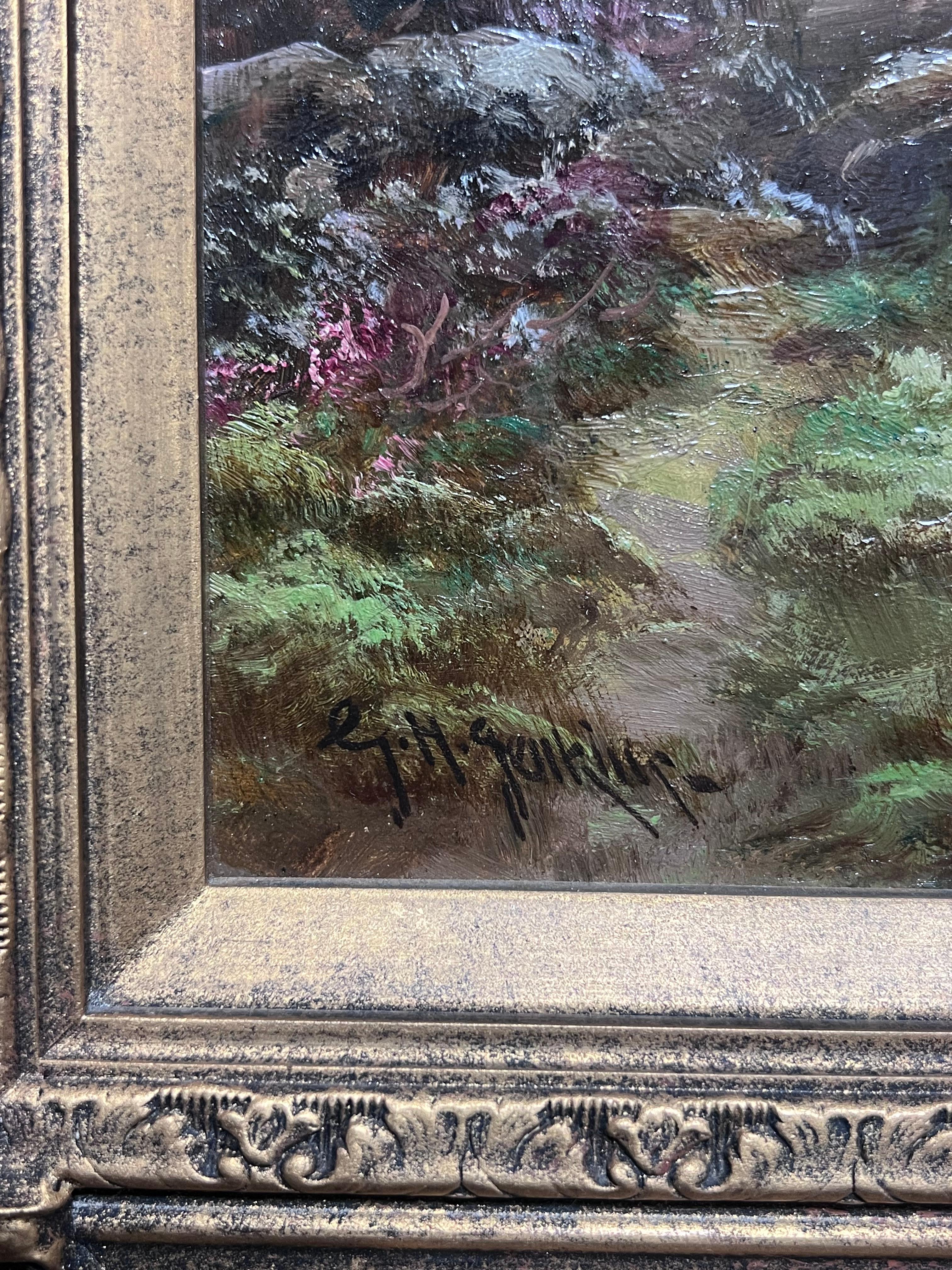 Ancienne peinture à l'huile britannique Bétail au bord d'un ruisseau des Highlands au coucher du soleil, encadrée en vente 5