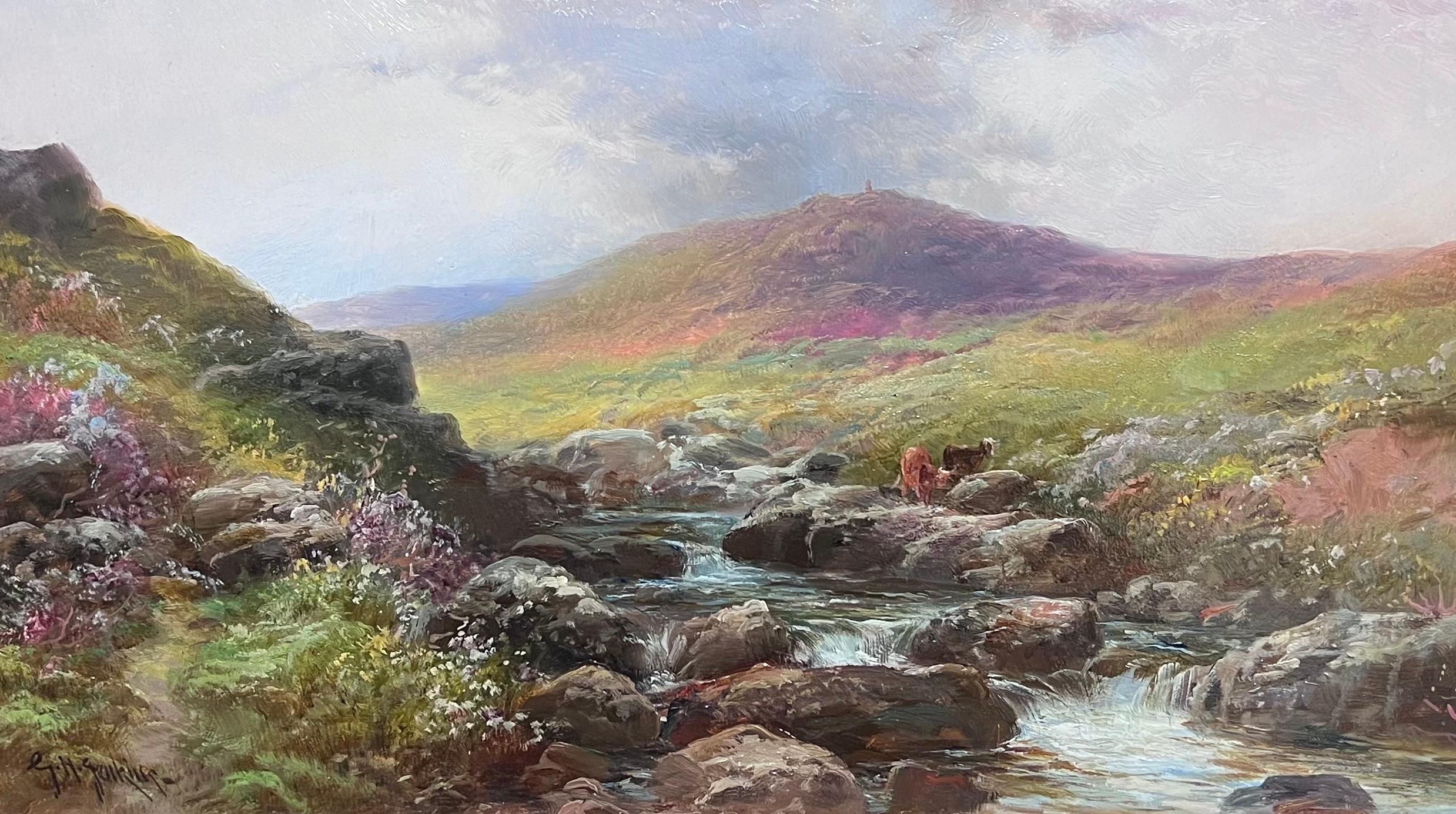Ancienne peinture à l'huile britannique Bétail au bord d'un ruisseau des Highlands au coucher du soleil, encadrée - Painting de George Henry Jenkins (British, 1843-1914