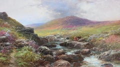 Antique British Oil Painting Cattle by Highland Stream at Sunset, framed