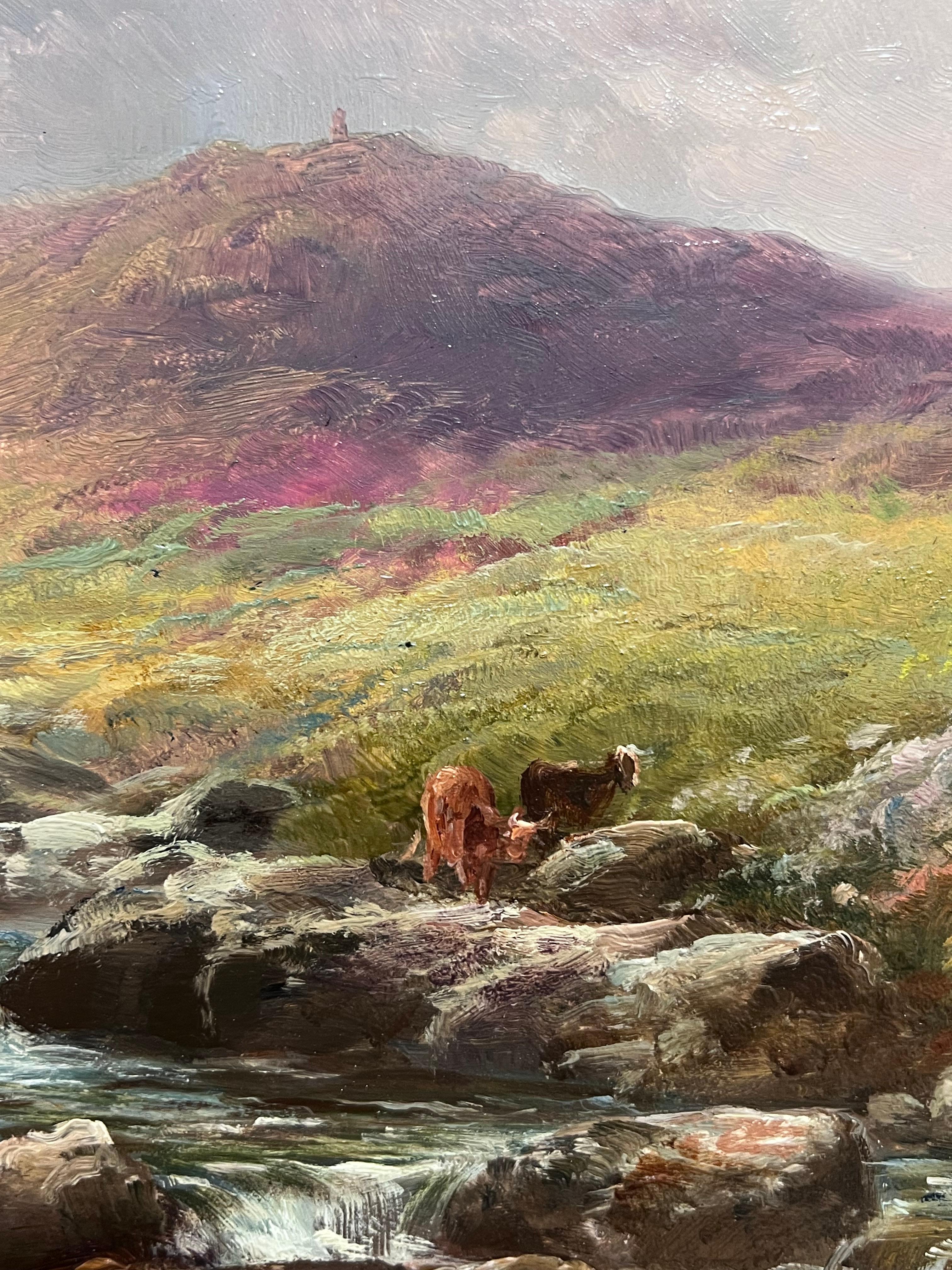 Ancienne peinture à l'huile britannique Bétail au bord d'un ruisseau des Highlands au coucher du soleil, encadrée - Marron Landscape Painting par George Henry Jenkins (British, 1843-1914