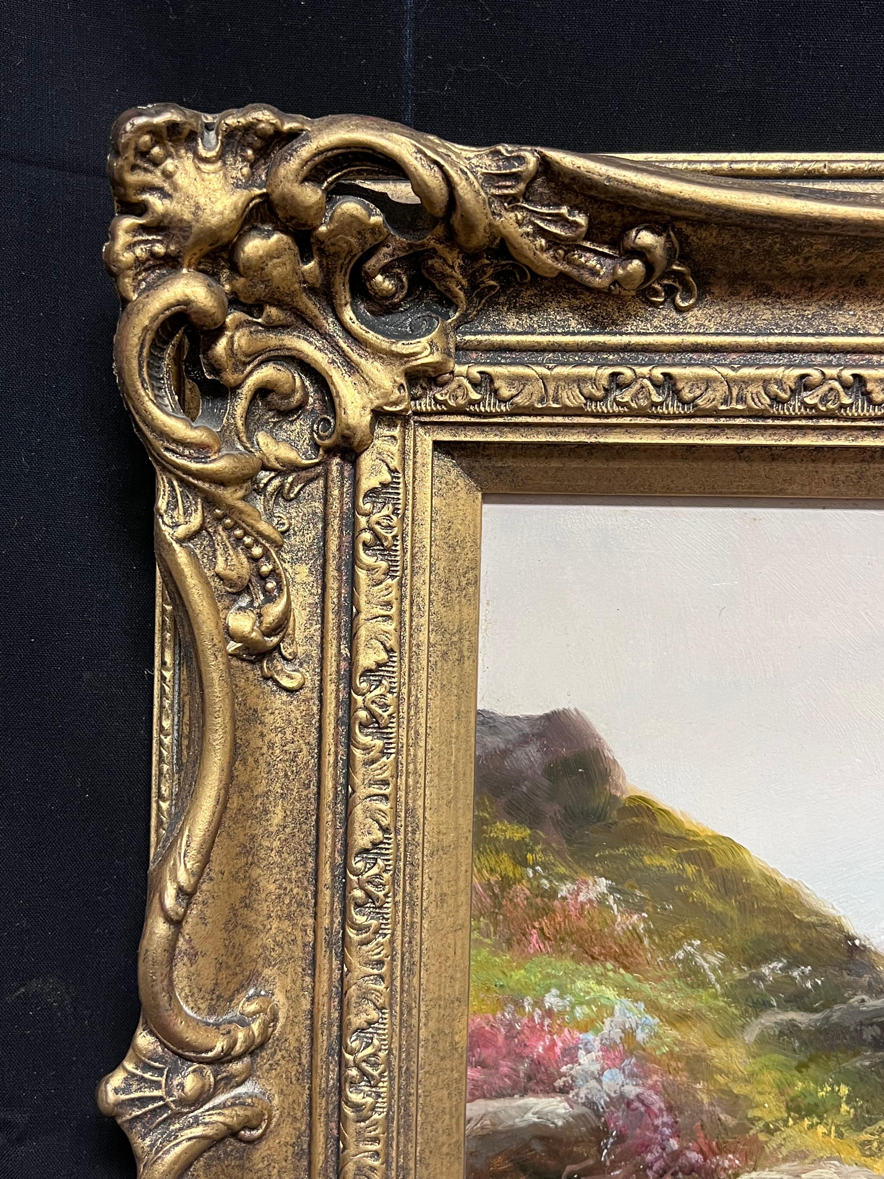 Ancienne peinture à l'huile britannique Bétail au bord d'un ruisseau des Highlands au coucher du soleil, encadrée en vente 1