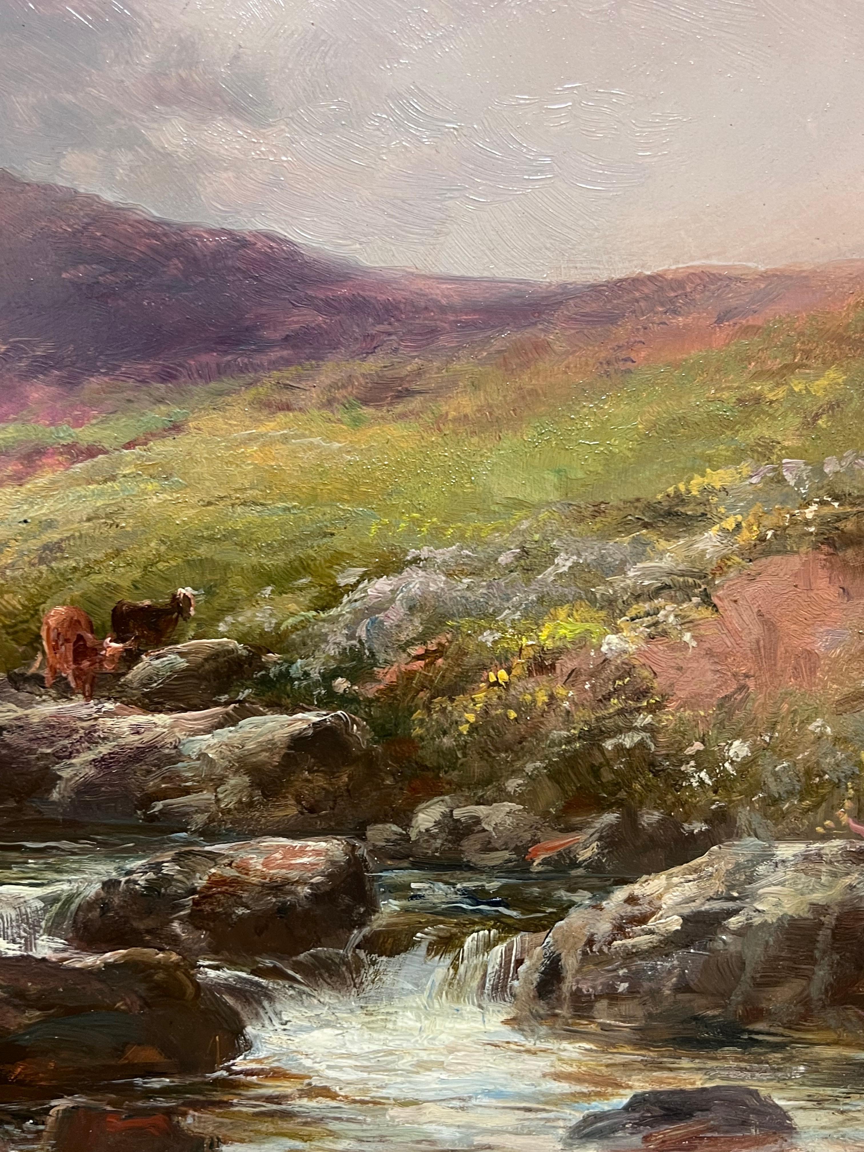 Ancienne peinture à l'huile britannique Bétail au bord d'un ruisseau des Highlands au coucher du soleil, encadrée en vente 2