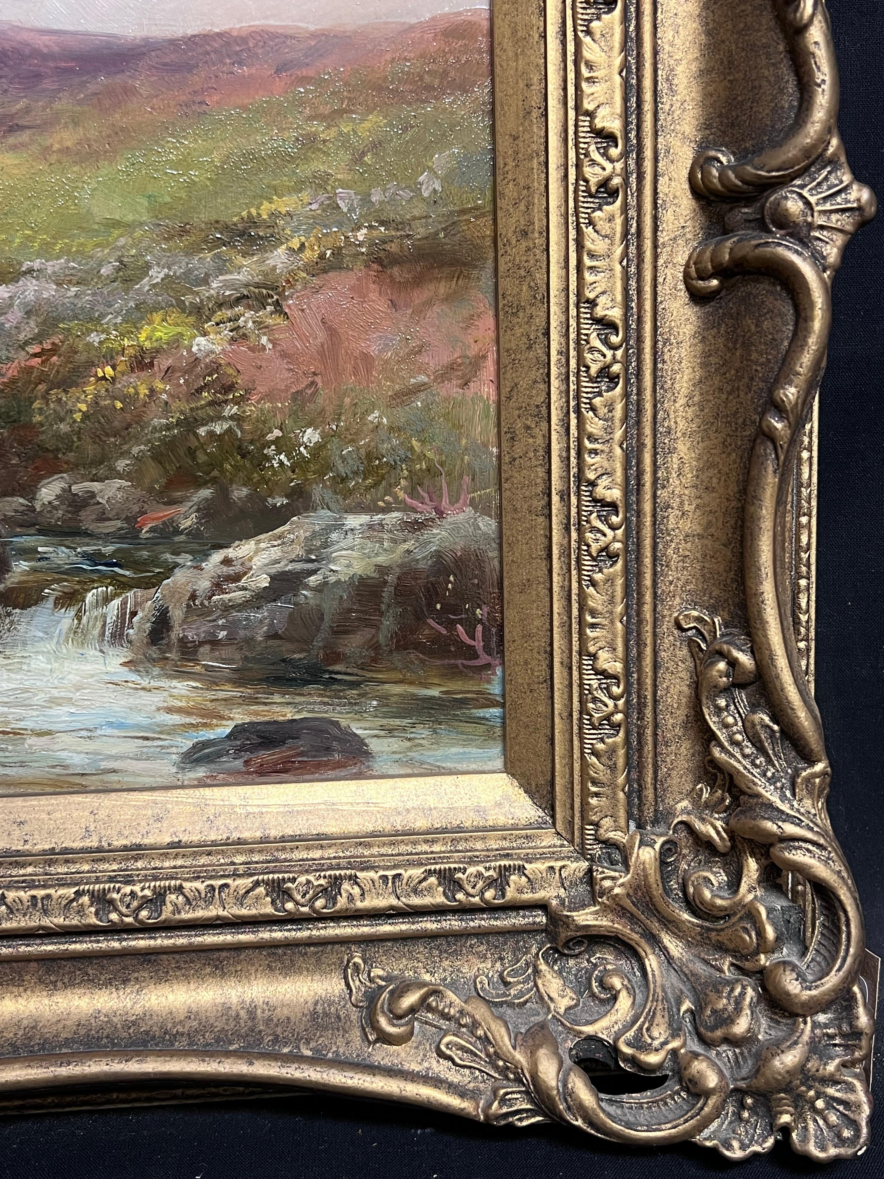 Ancienne peinture à l'huile britannique Bétail au bord d'un ruisseau des Highlands au coucher du soleil, encadrée en vente 3
