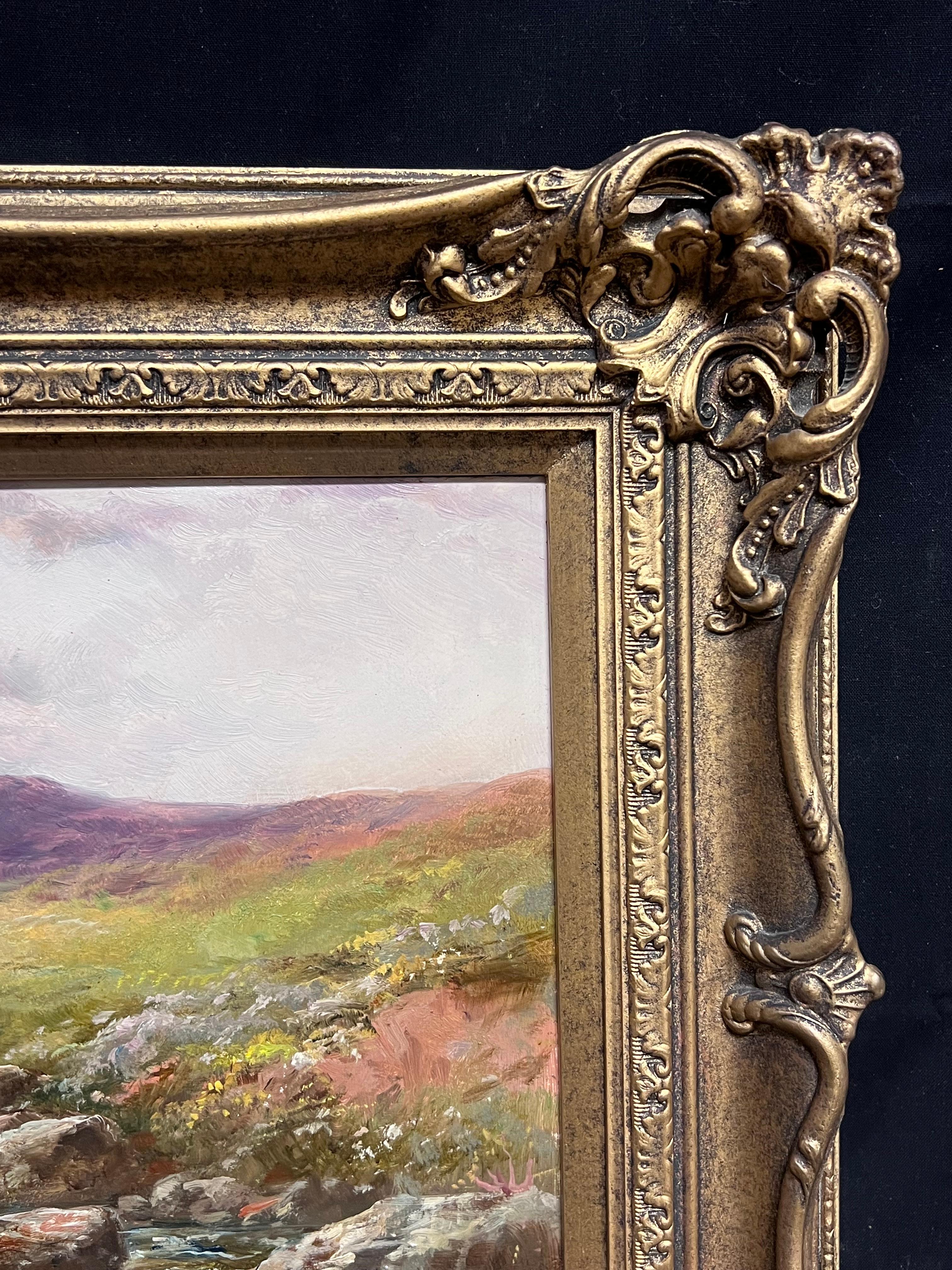 Ancienne peinture à l'huile britannique Bétail au bord d'un ruisseau des Highlands au coucher du soleil, encadrée en vente 4