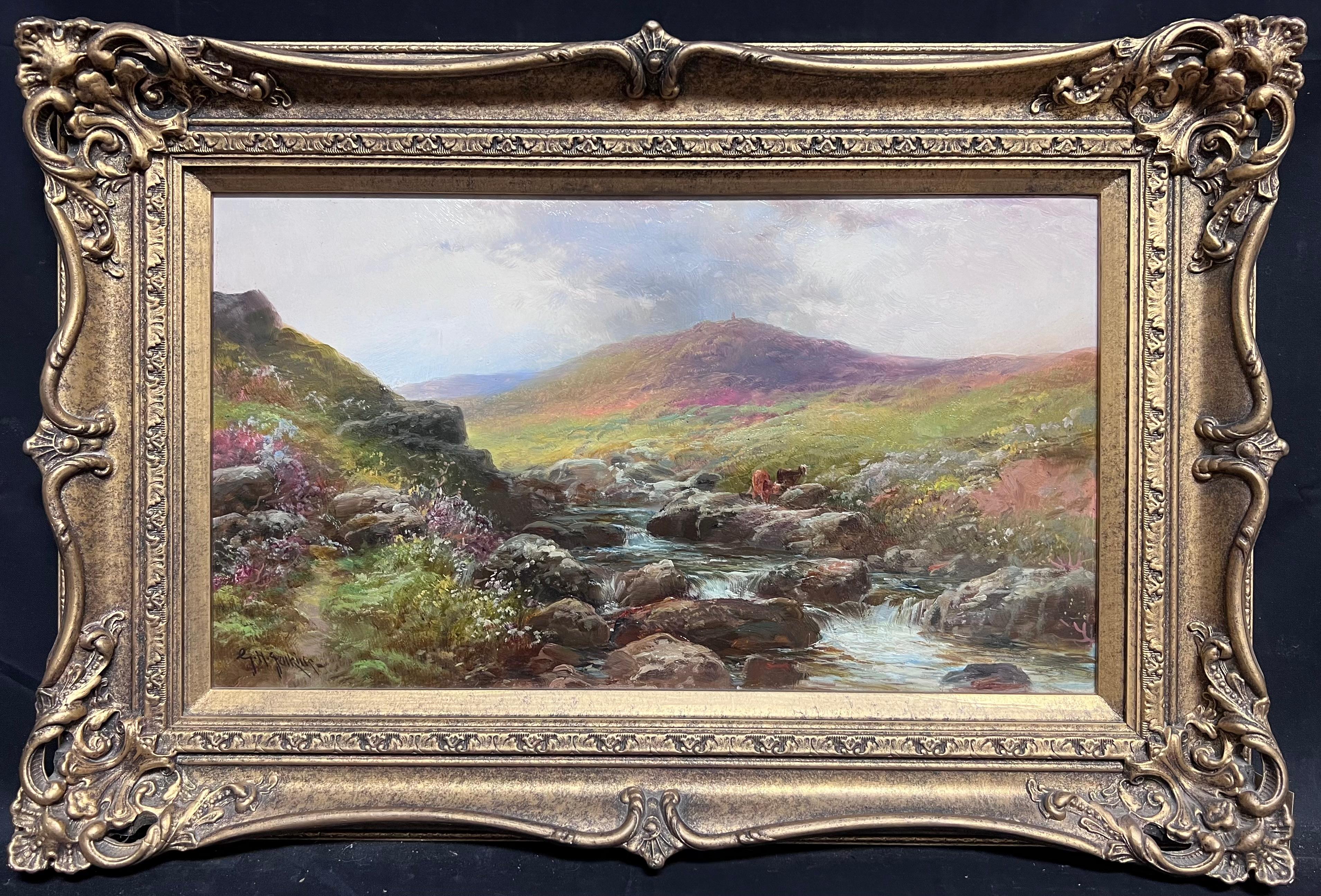 Antikes britisches Ölgemälde, Rinder von Highland Stream bei Sonnenuntergang, gerahmt