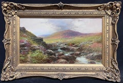 Antique British Oil Painting Cattle by Highland Stream at Sunset, framed