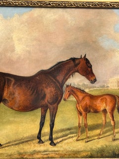 Caballo y potro ingleses del siglo XIX en un paisaje con una casa de campo inglesa