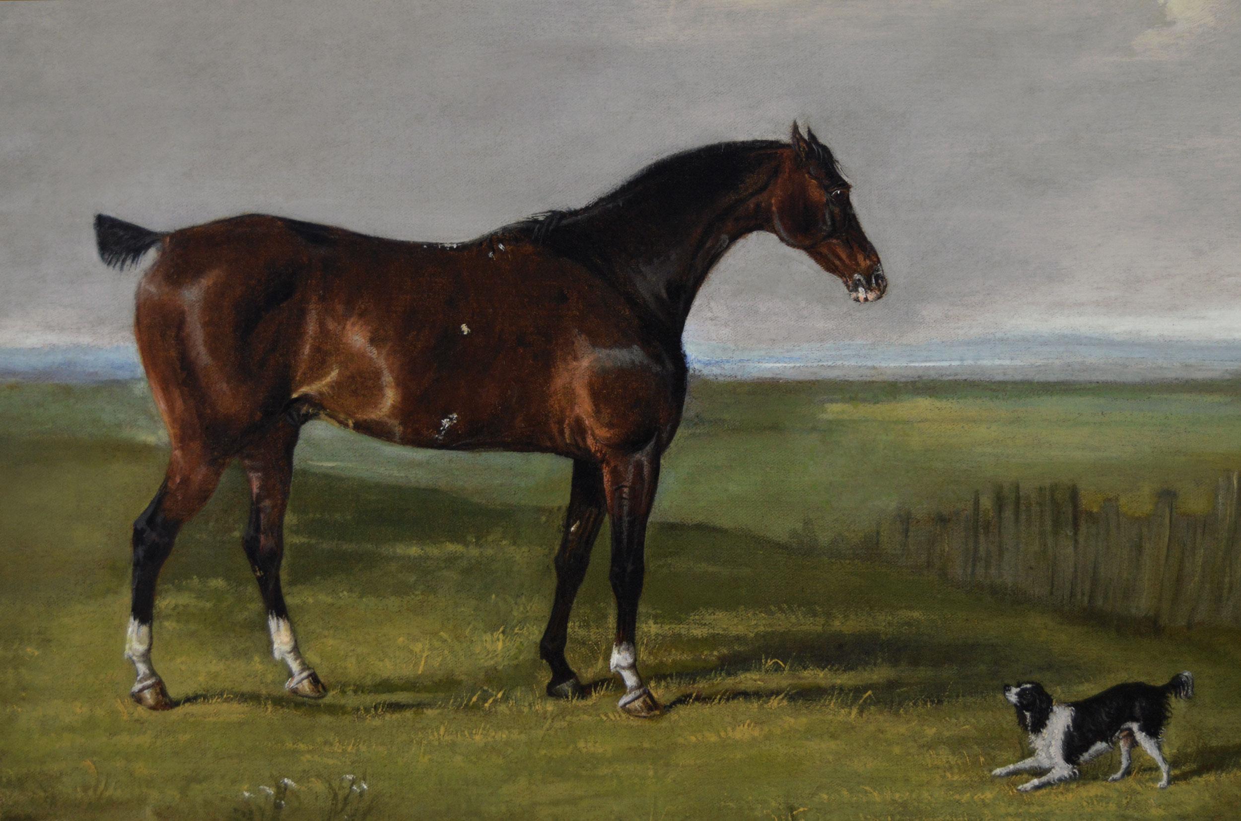 Portrait à l'huile d'un cheval de course avec épagneuls du 19e siècle - Victorien Painting par George Henry Laporte