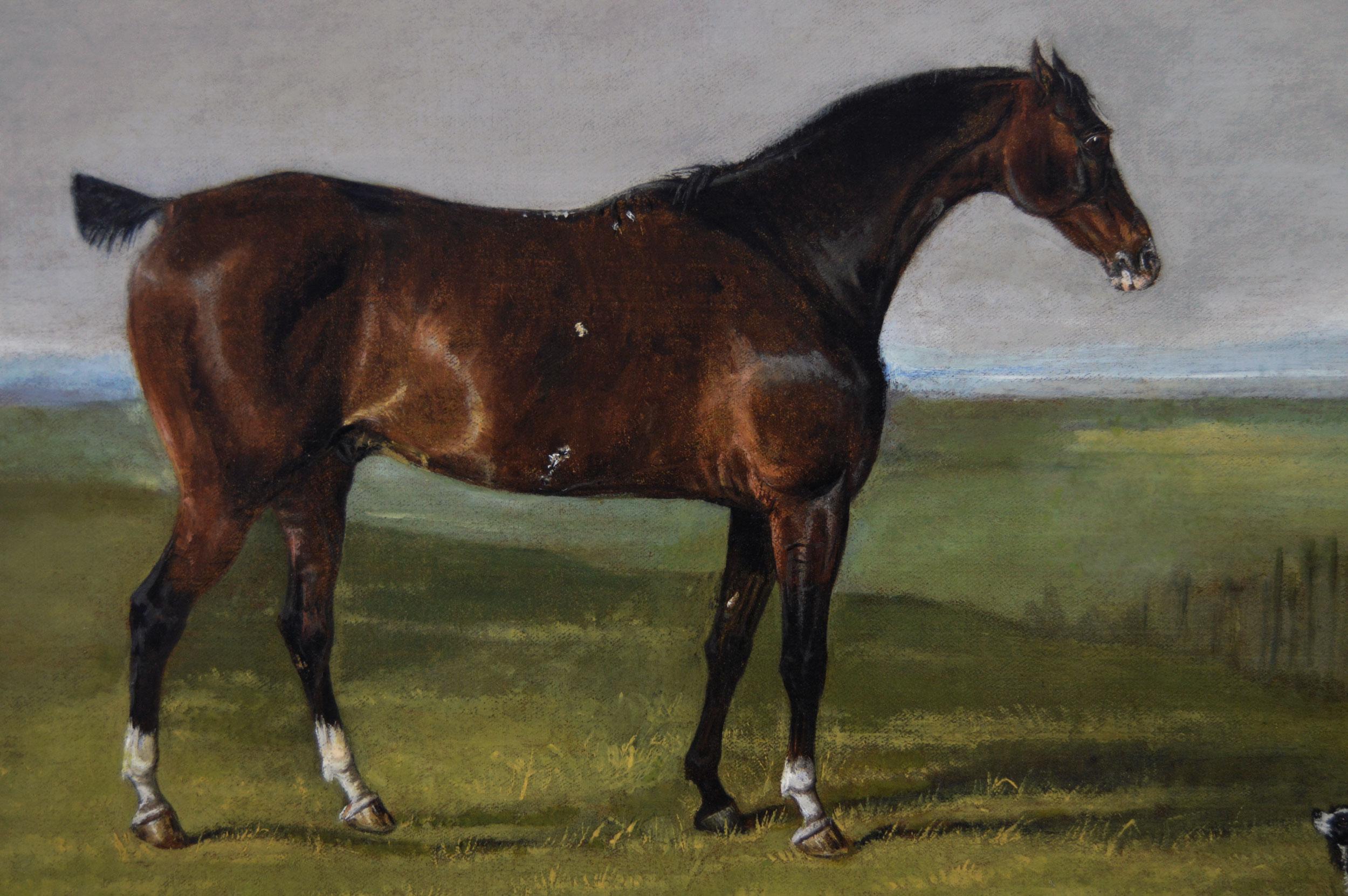 Ritratto di cavallo sportivo del XIX secolo dipinto a olio di un cavallo da corsa con spaniel - Landscape Painting Marrone di George Henry Laporte