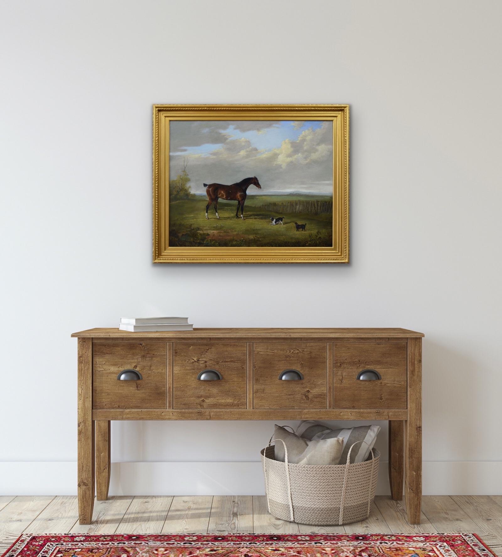 Portrait à l'huile d'un cheval de course avec épagneuls du 19e siècle en vente 5