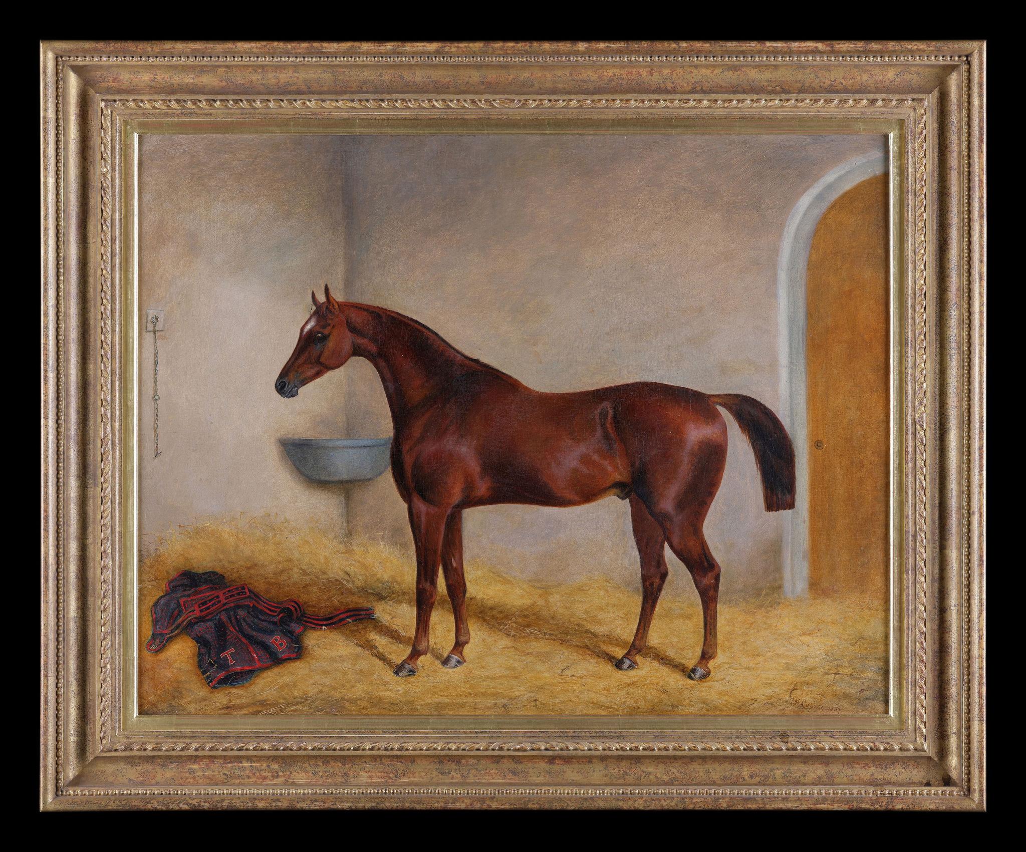 George Henry Laporte Animal Painting – „A Bay Hunter in a Stable“ von