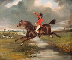 Hunting Scene : A huntsman clearing a brook
