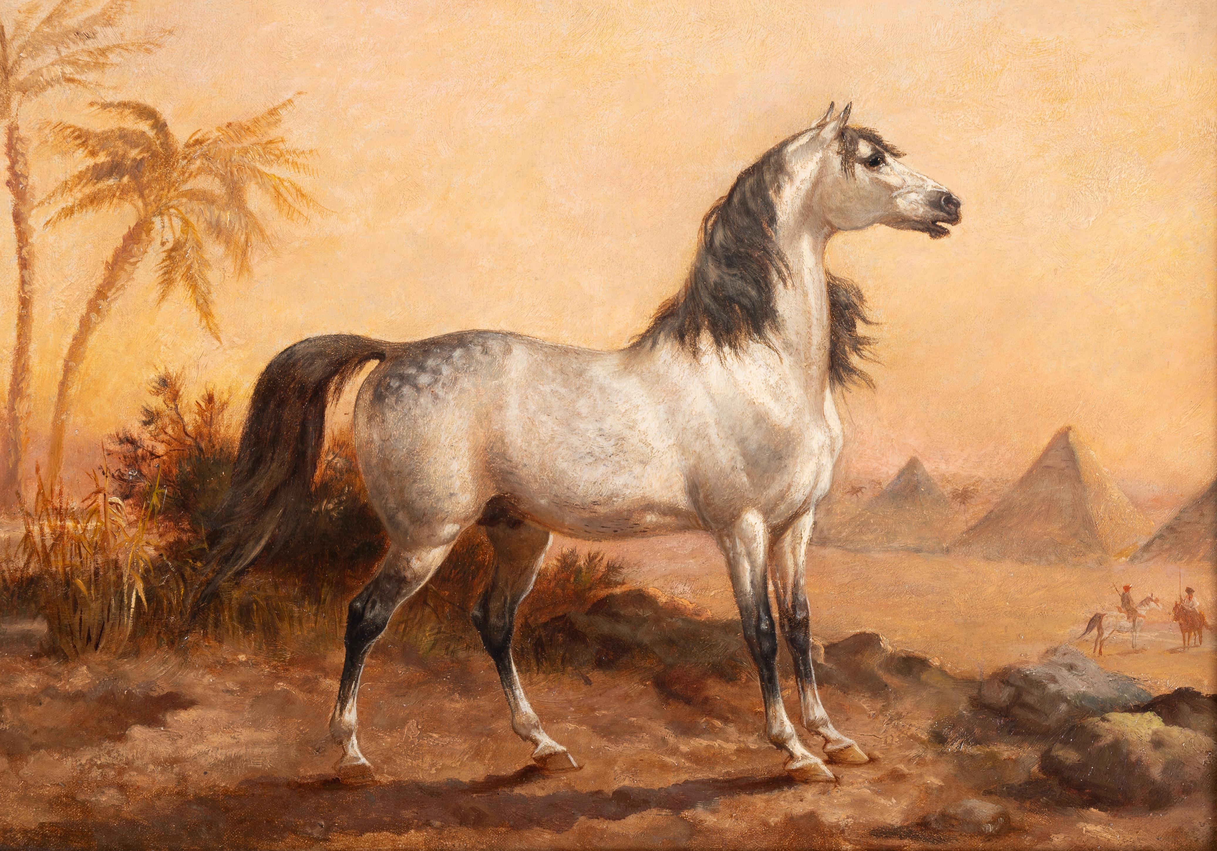 An Arabian stallion, in a landscape, with pyramids and riders beyond - Painting by George Henry Laporte