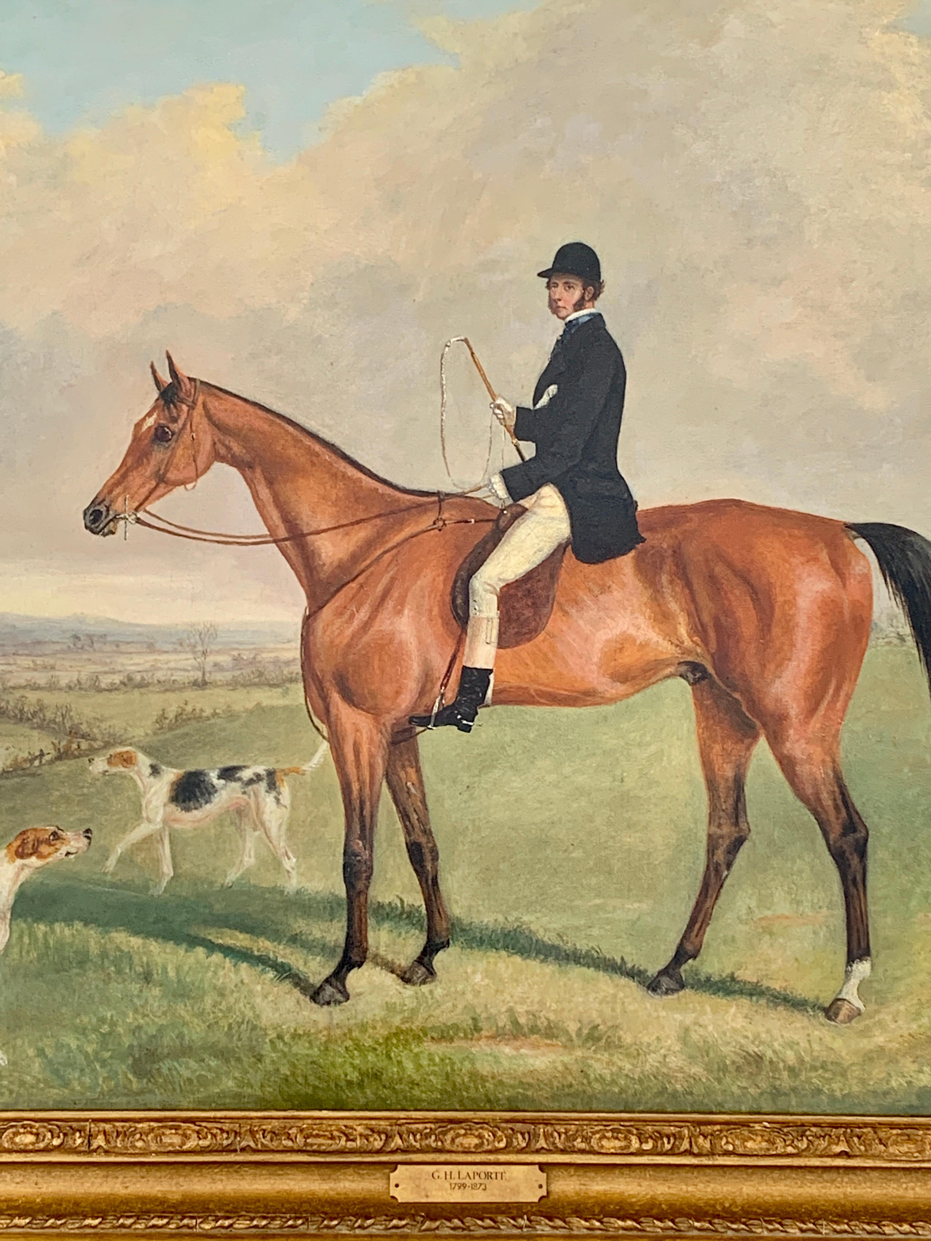 Fox Huntsman seated on a Bay horse, with hounds in an English landscape. - Painting by George Henry Laporte