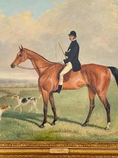 Fox Huntsman seated on a Bay horse, with hounds in an English landscape.