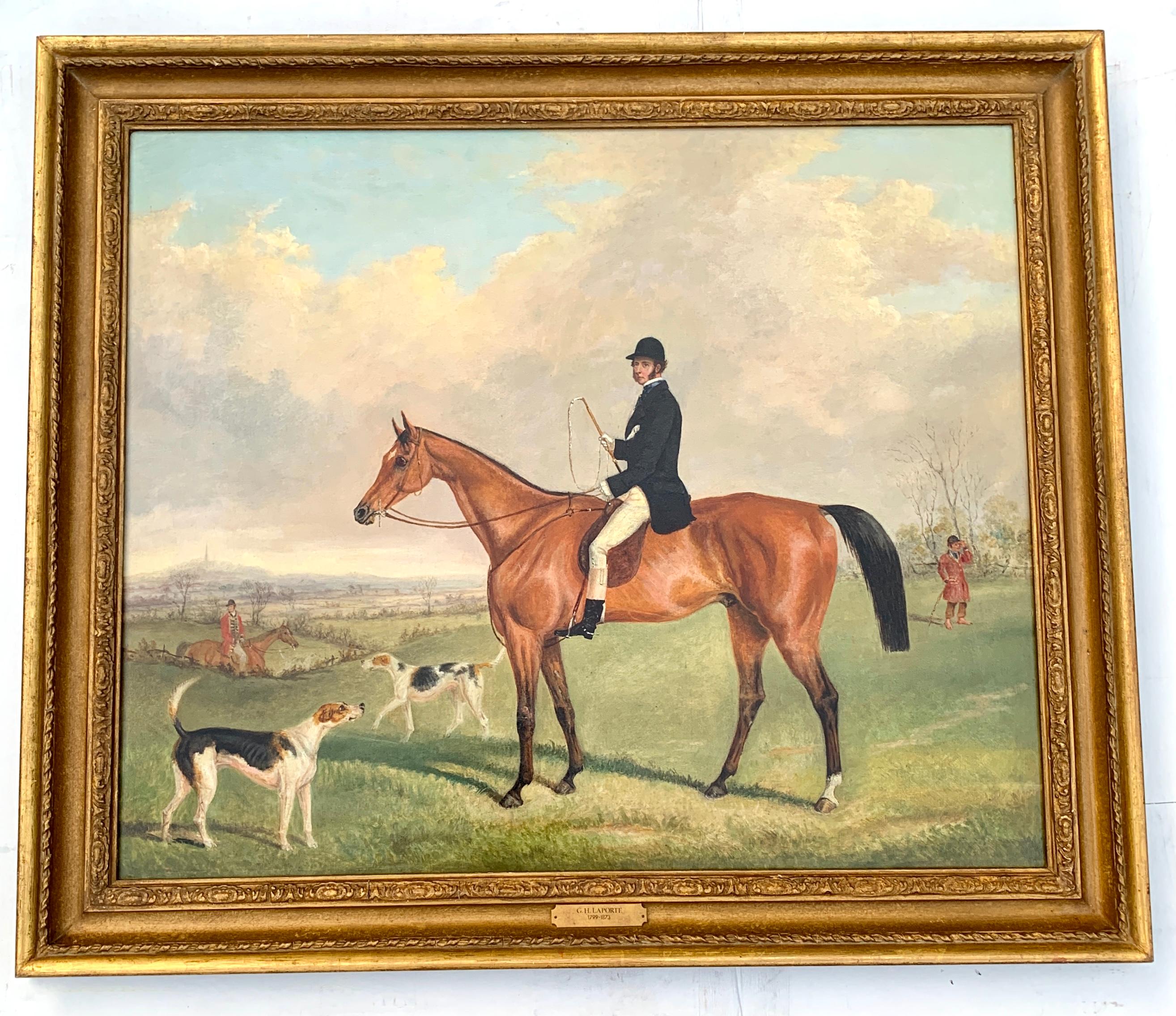 George Henry Laporte Animal Painting - Fox Huntsman seated on a Bay horse, with hounds in an English landscape.