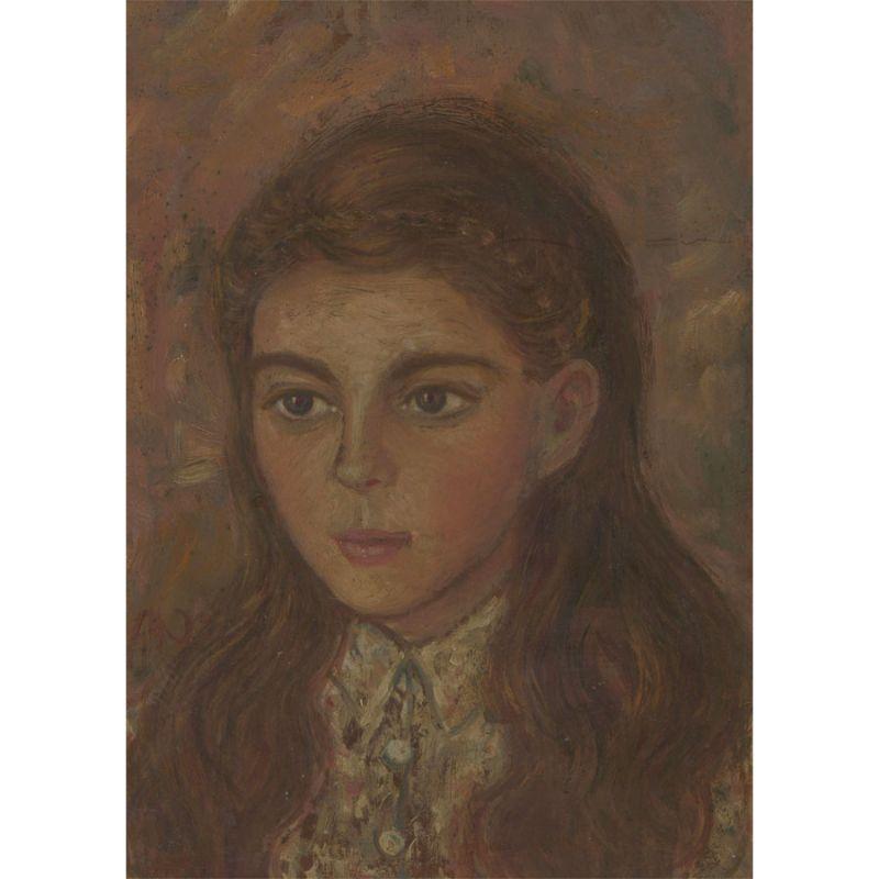 A delightful portrait of a young girl with long brown hair by the artist George Henry Mott (1916-1993). With areas of impasto. Well presented in a wooden frame with gilt slip. Mall Galleries label to the reverse. Exhibited at the Mall Galleries,