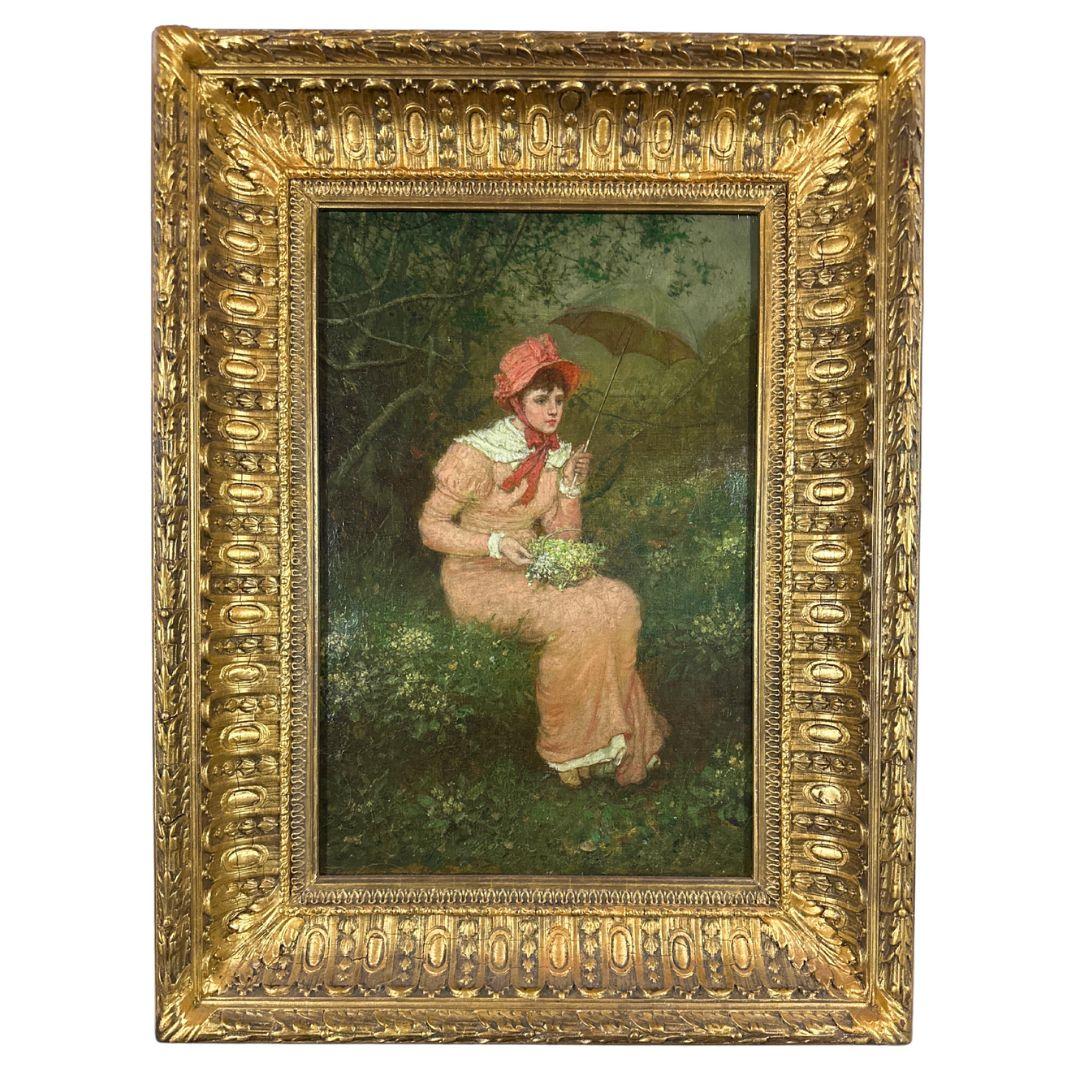"Meeting in the Woods" 19th Century Antique Oil Painting on Canvas