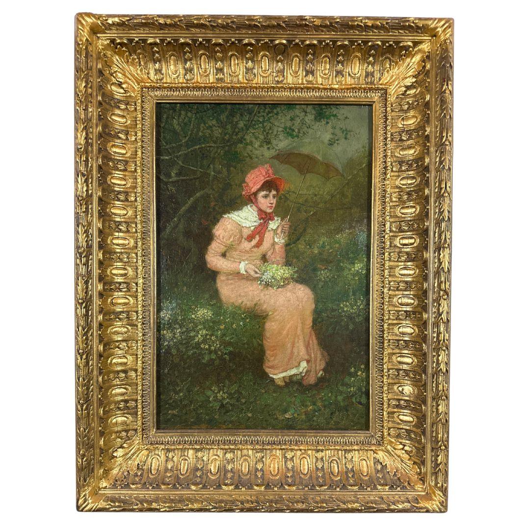 "Incontro nel Wood" Pittura a olio su tela antica del XIX secolo