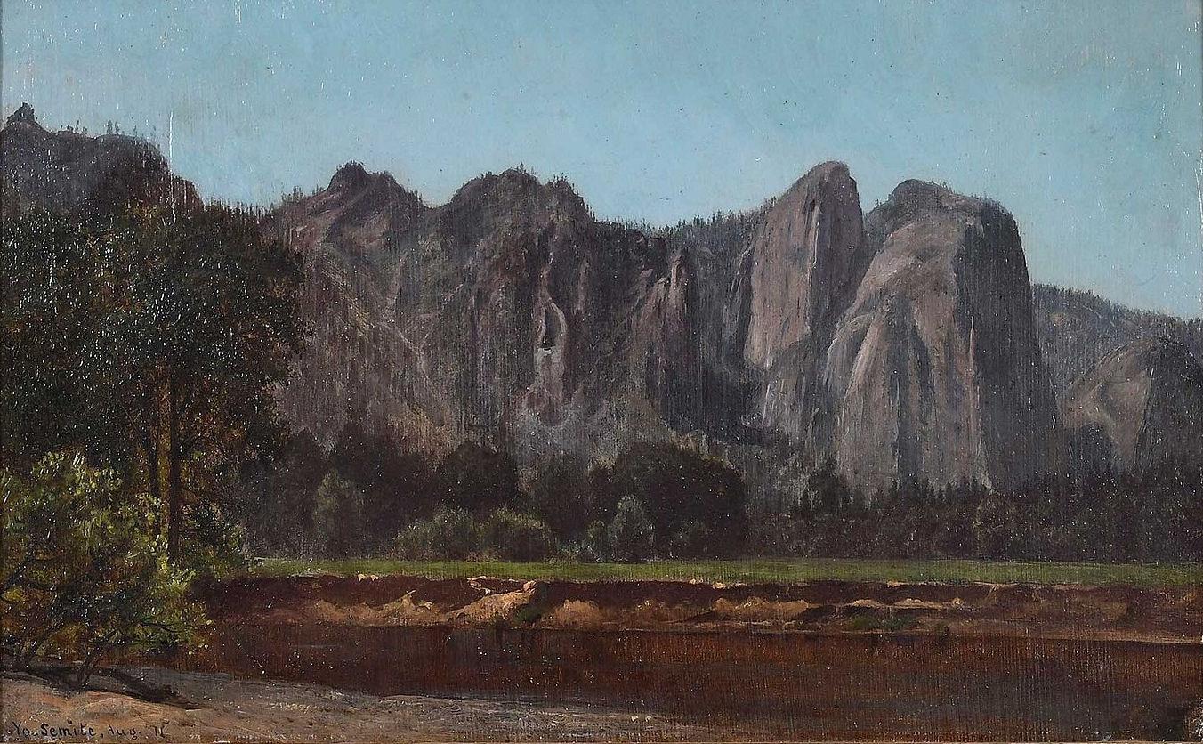 George Henry Smillie Figurative Painting - "Cathedral Rocks, Yosemite Valley" American West, 19th Century Oil on Board