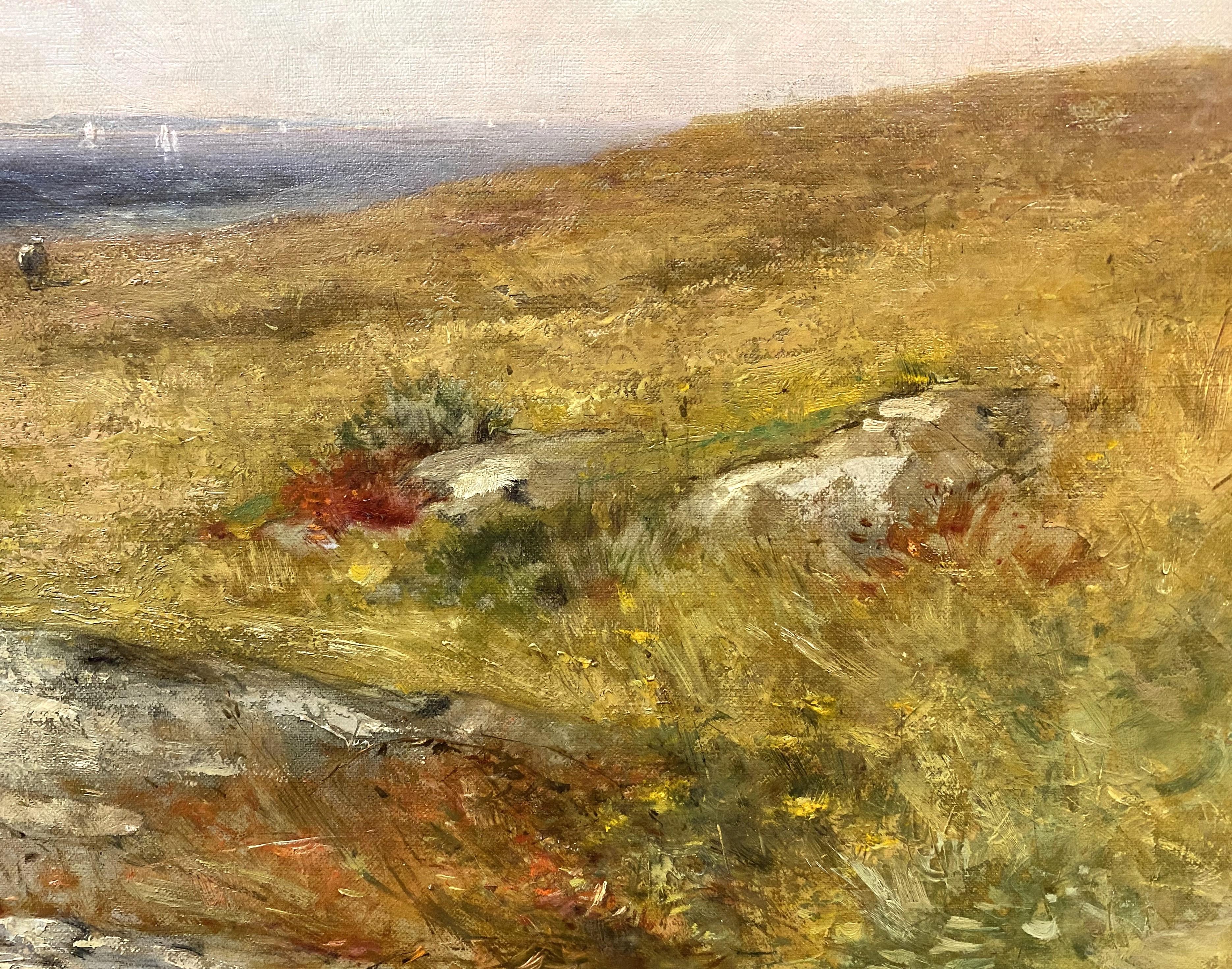 A fine New England landscape with sheep grazing near Boston’s North Shore coast by American artist George Henry Smillie (1840-1921). Smillie was born in New York, son of engraver James Smillie,  and studied with artist James McDougal Hart, becoming