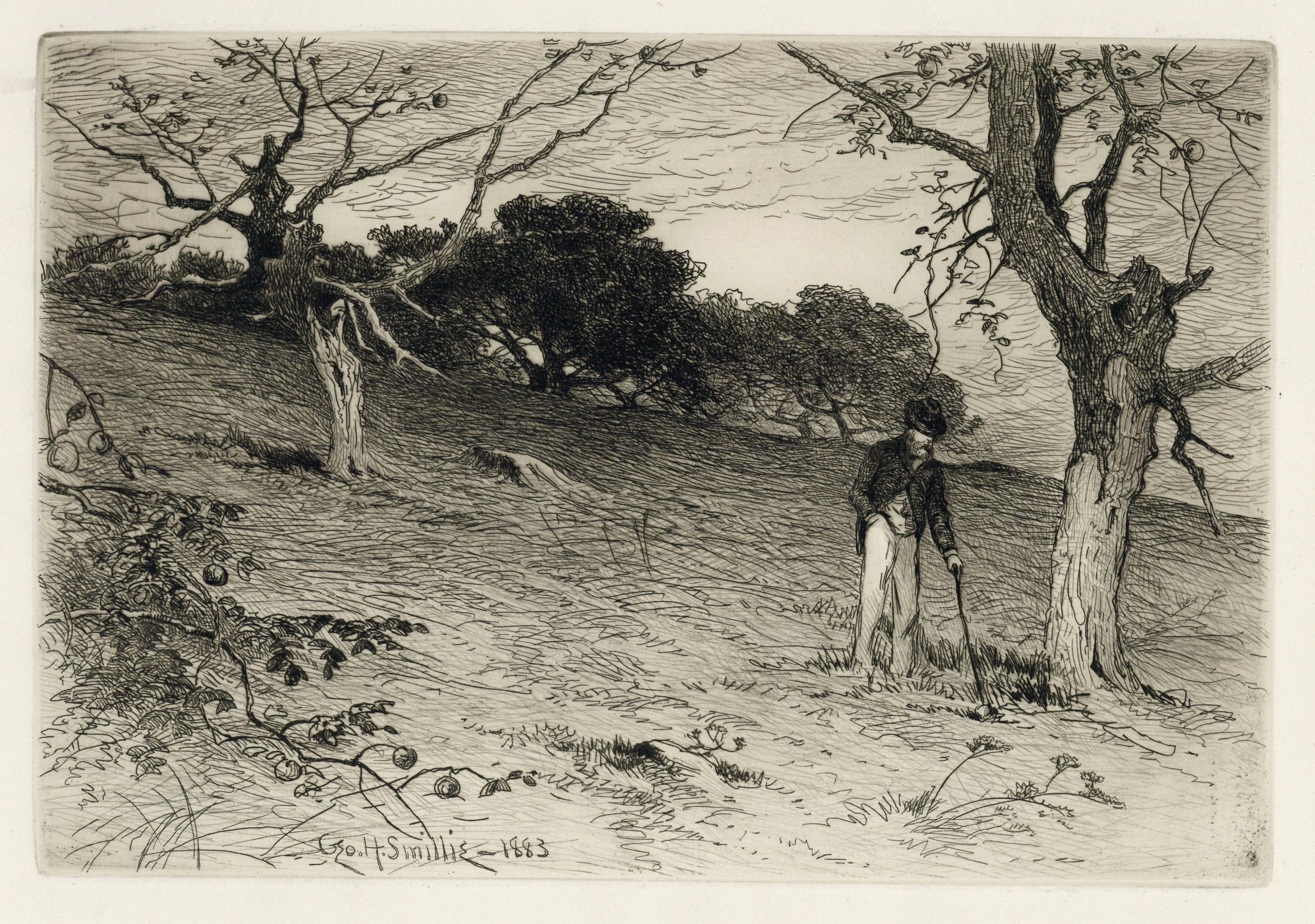 "An Old New England Orchard" original etching - Print by George Henry Smillie