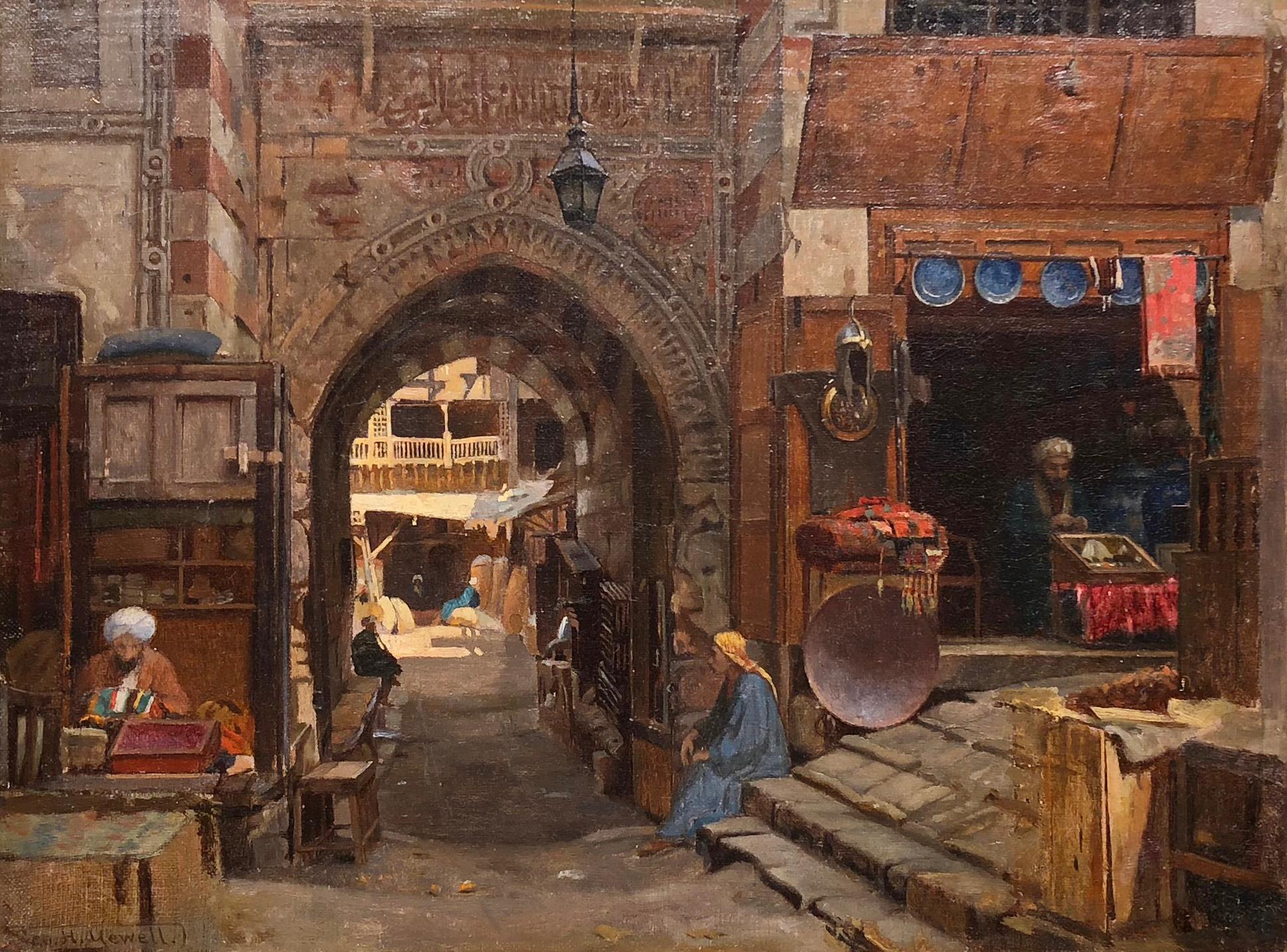 George Henry Yewell Figurative Painting - Entrance to the Old Slave Market, Cairo - Orientalist - American - 1885