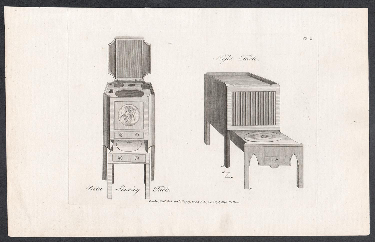 Bidet-Schnitzereien und Nachttische, Hepplewhite, georgianisches Möbeldesign, Stich – Print von George Hepplewhite