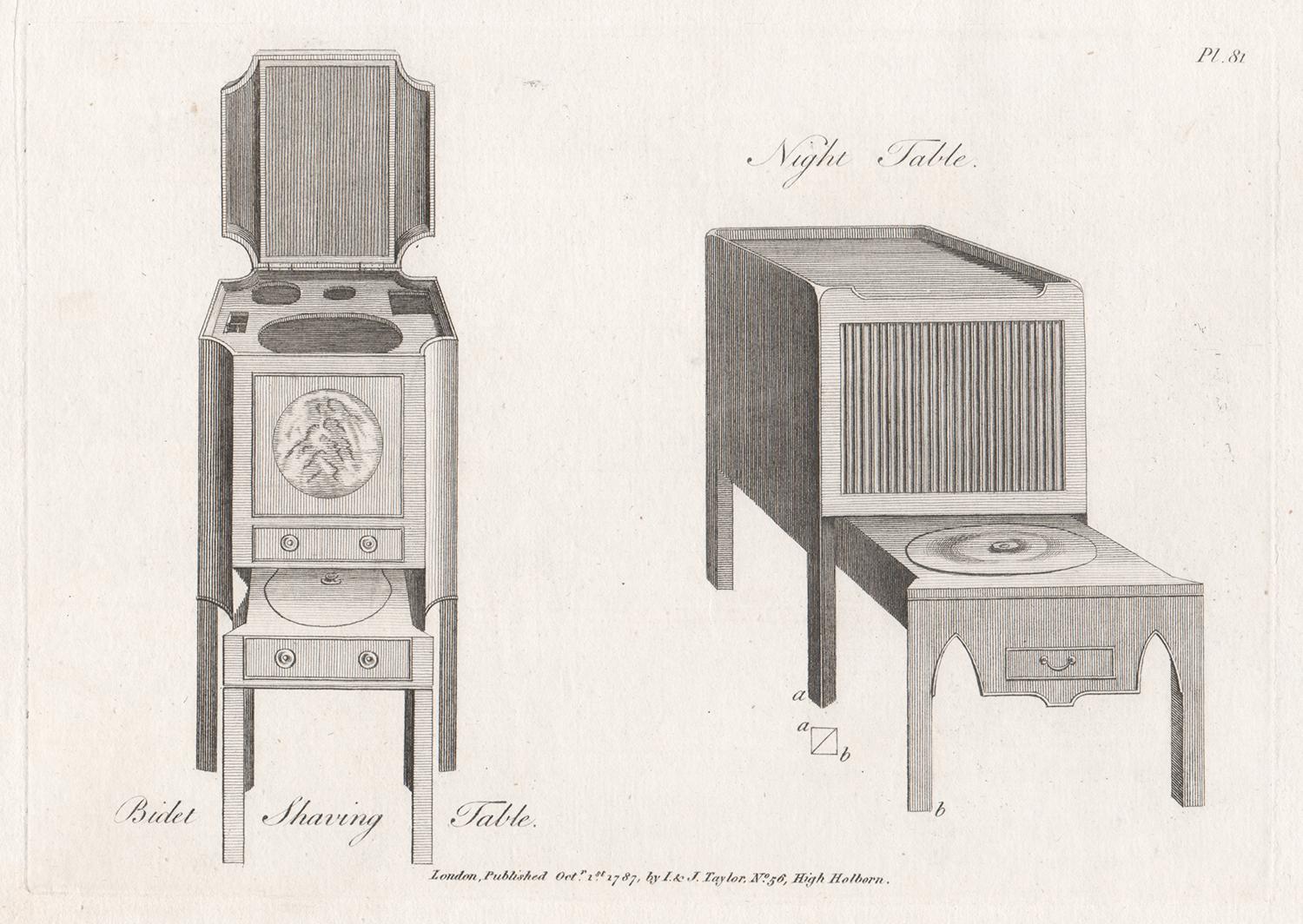 Bidet Shaving and Night Tables, Hepplewhite Georgian furniture design engraving