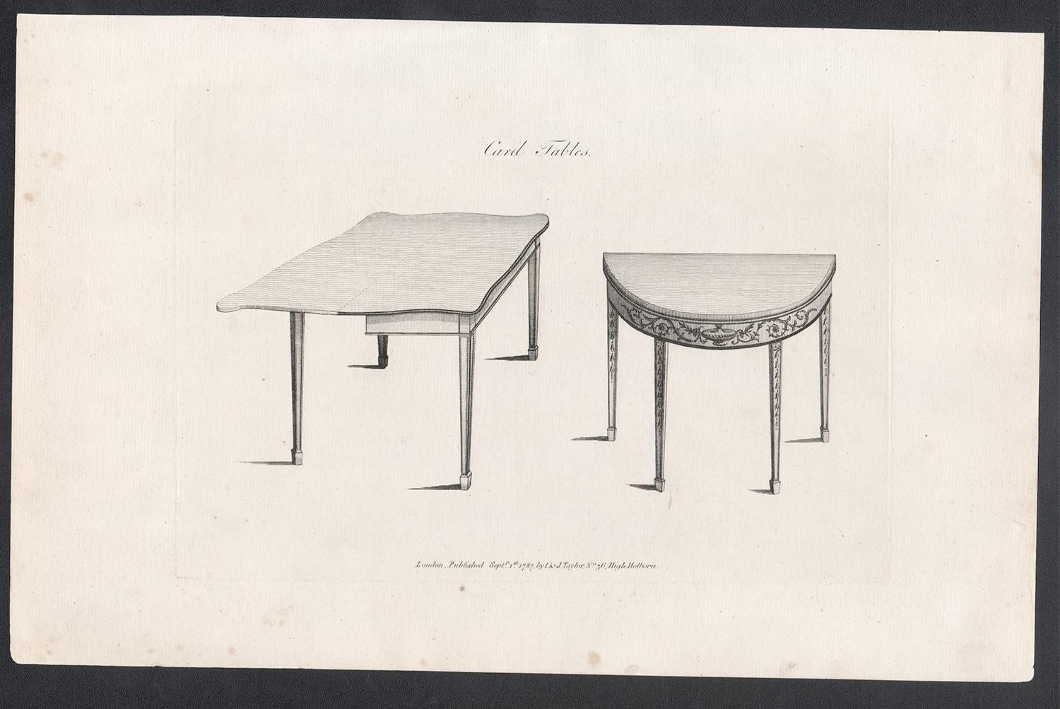 Card Tables, Hepplewhite English Georgian furniture design engraving - Print by George Hepplewhite