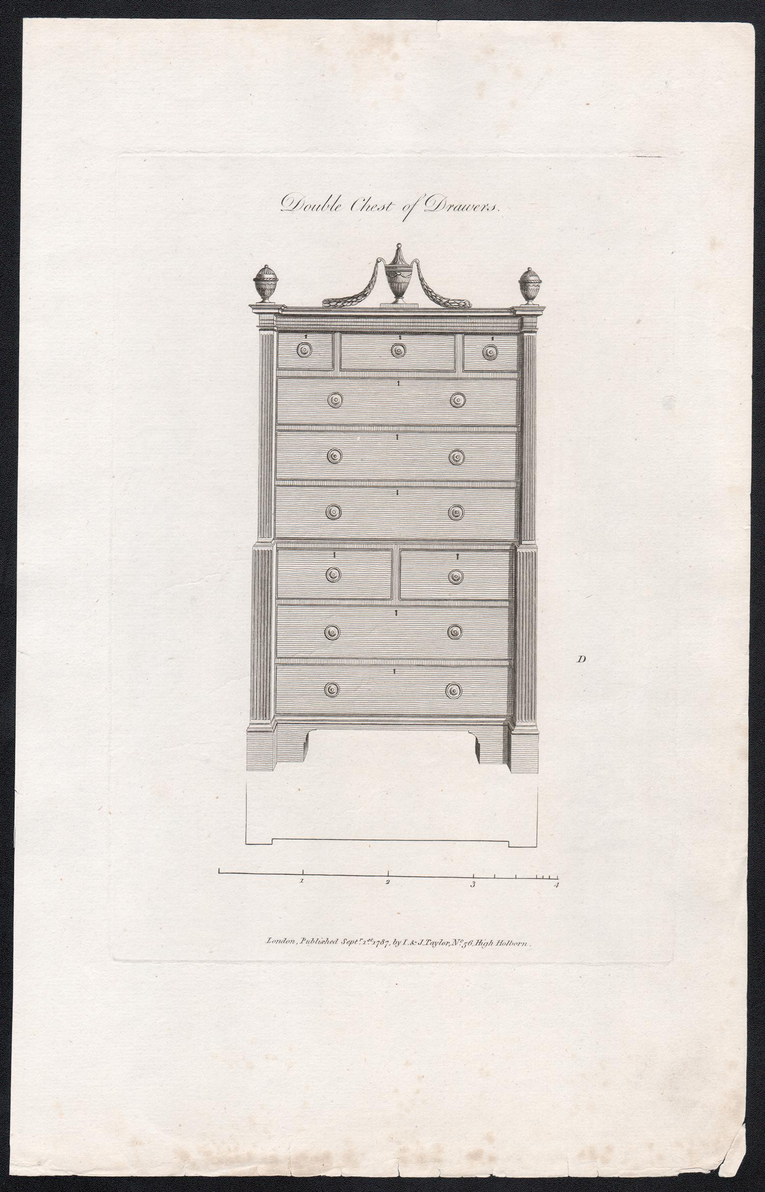 Double Chest of Drawers, Hepplewhite Georgian furniture design engraving - Print by George Hepplewhite