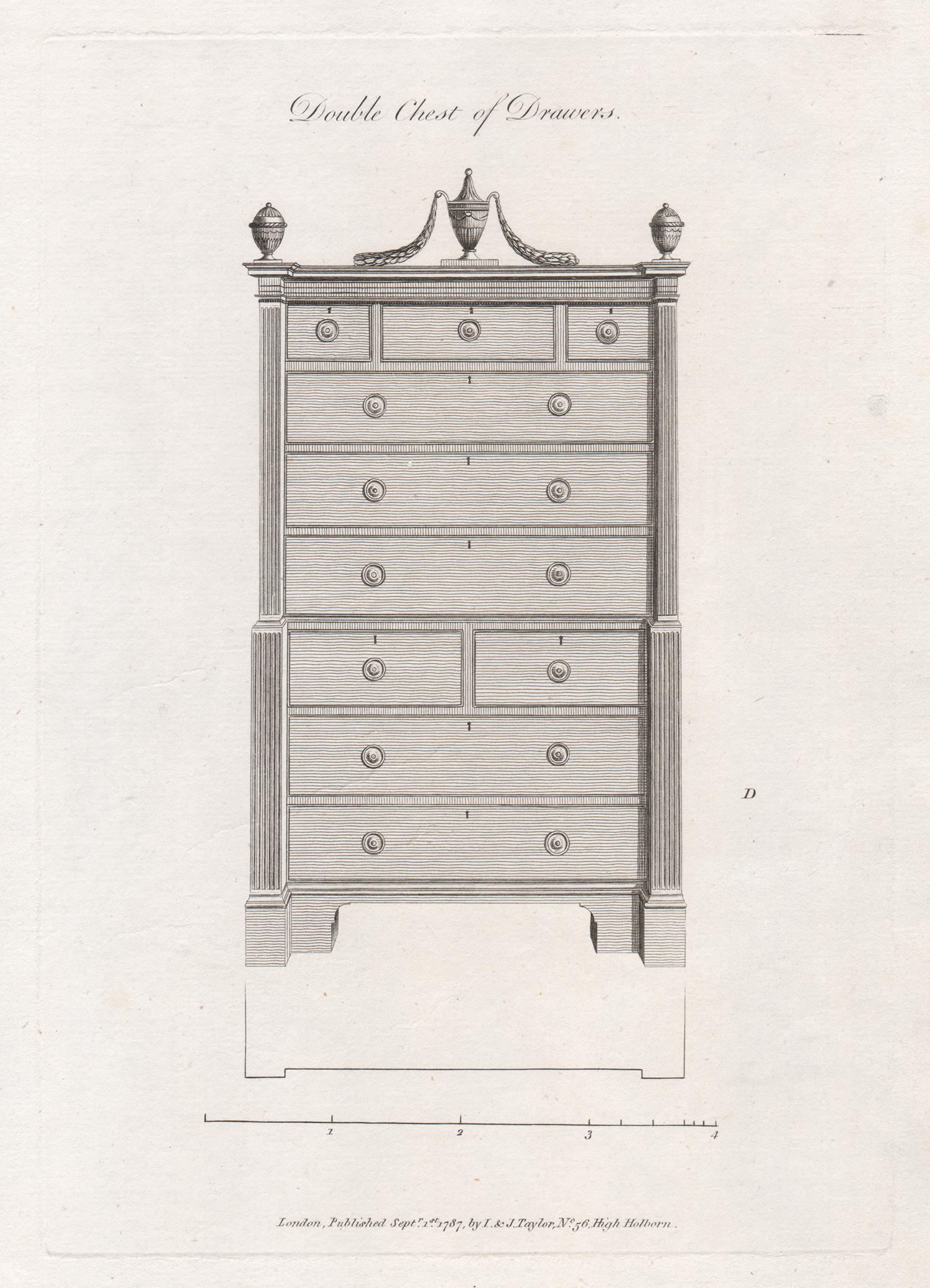 George Hepplewhite Interior Print - Double Chest of Drawers, Hepplewhite Georgian furniture design engraving