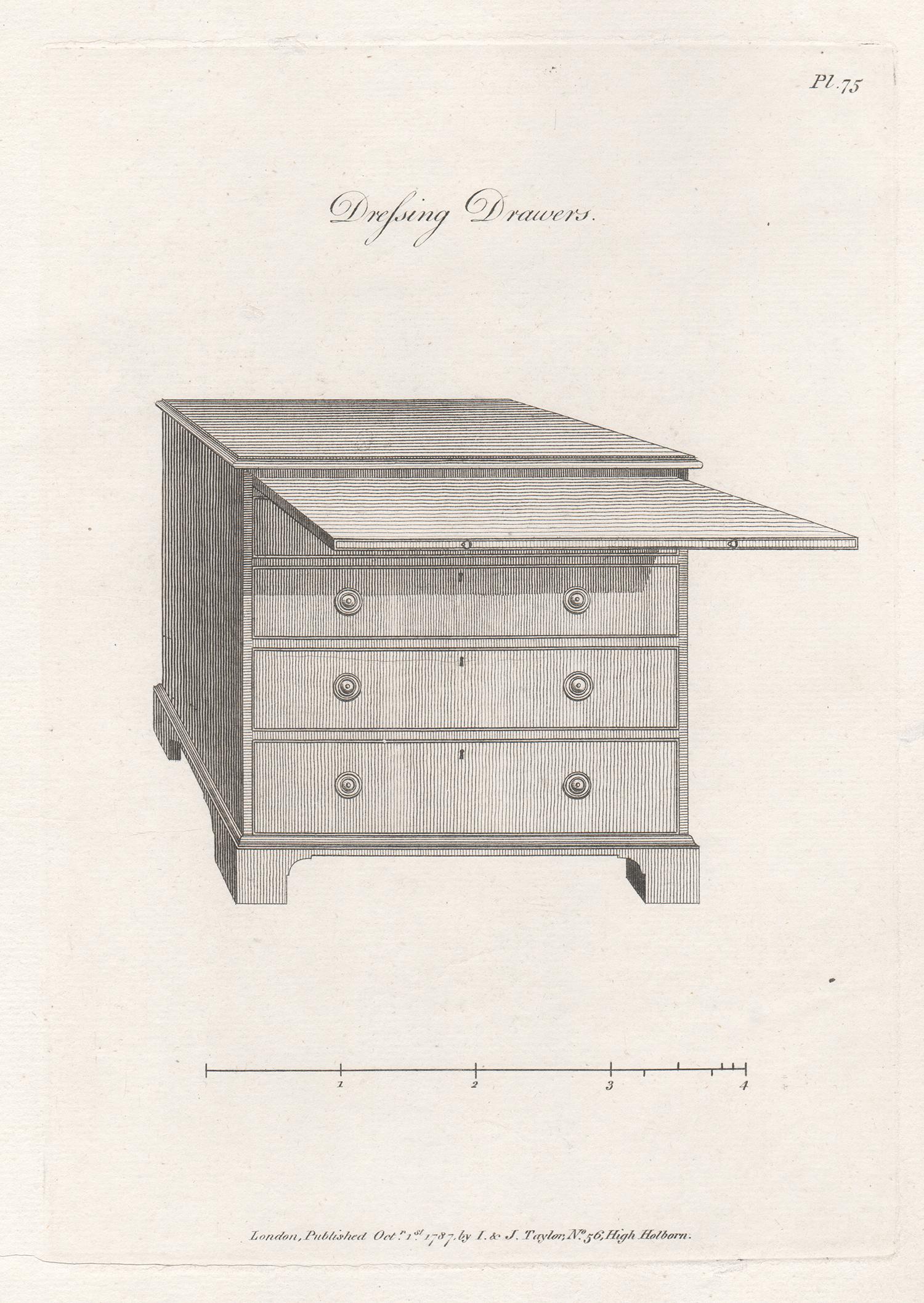 George Hepplewhite Interior Print – Kommodenschubladen, Hepplewhite, georgianisches Möbeldesign, Gravur