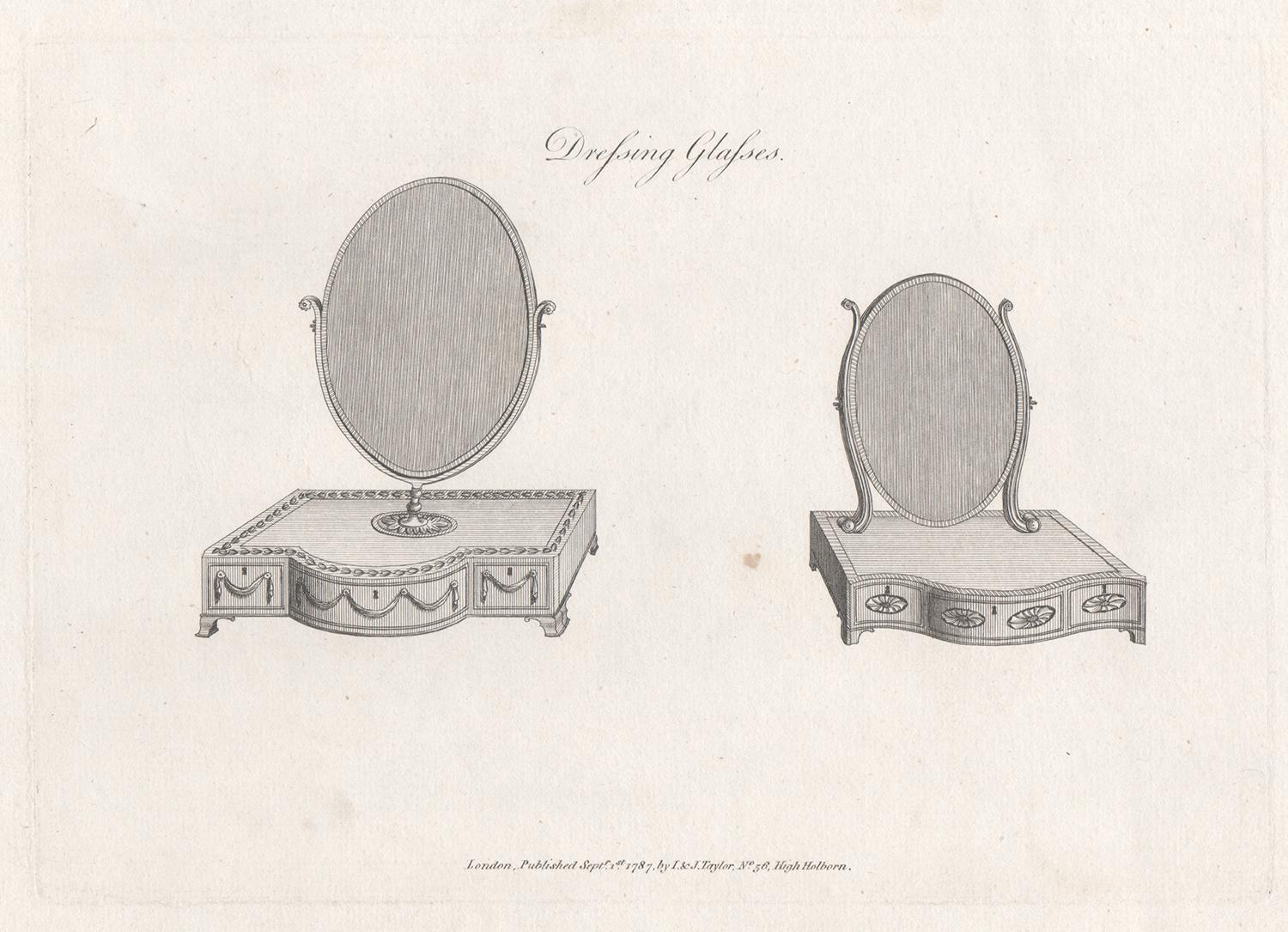 George Hepplewhite Interior Print – Dressing Glasses, Hepplewhite Englisches georgianisches Möbeldesign, Stich