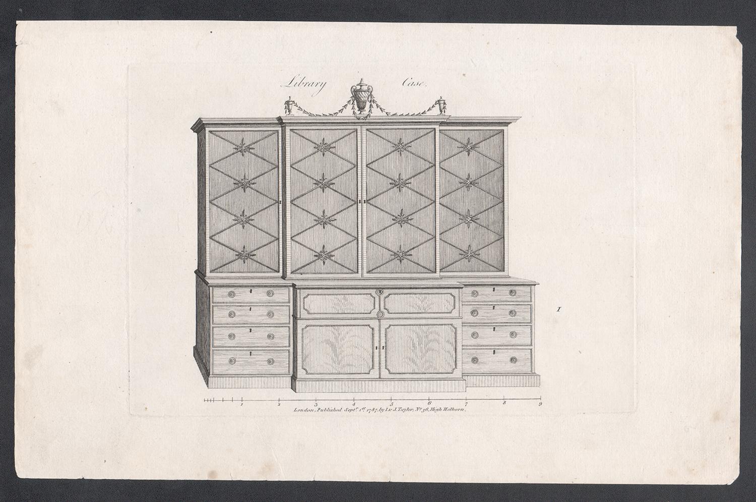 Library Case, Hepplewhite Englisches georgianisches Möbeldesign-Stickerei mit Gravur – Print von George Hepplewhite