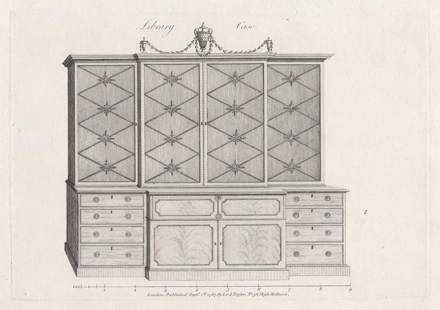 George Hepplewhite Interior Print – Library Case, Hepplewhite Englisches georgianisches Möbeldesign-Stickerei mit Gravur