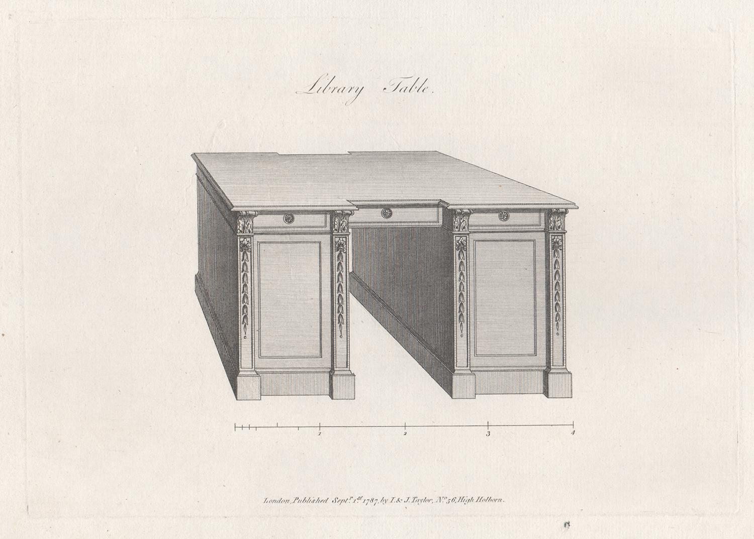 George Hepplewhite Interior Print – Bibliothekstisch, Hepplewhite Englisches georgianisches Möbeldesign, Kupferstich