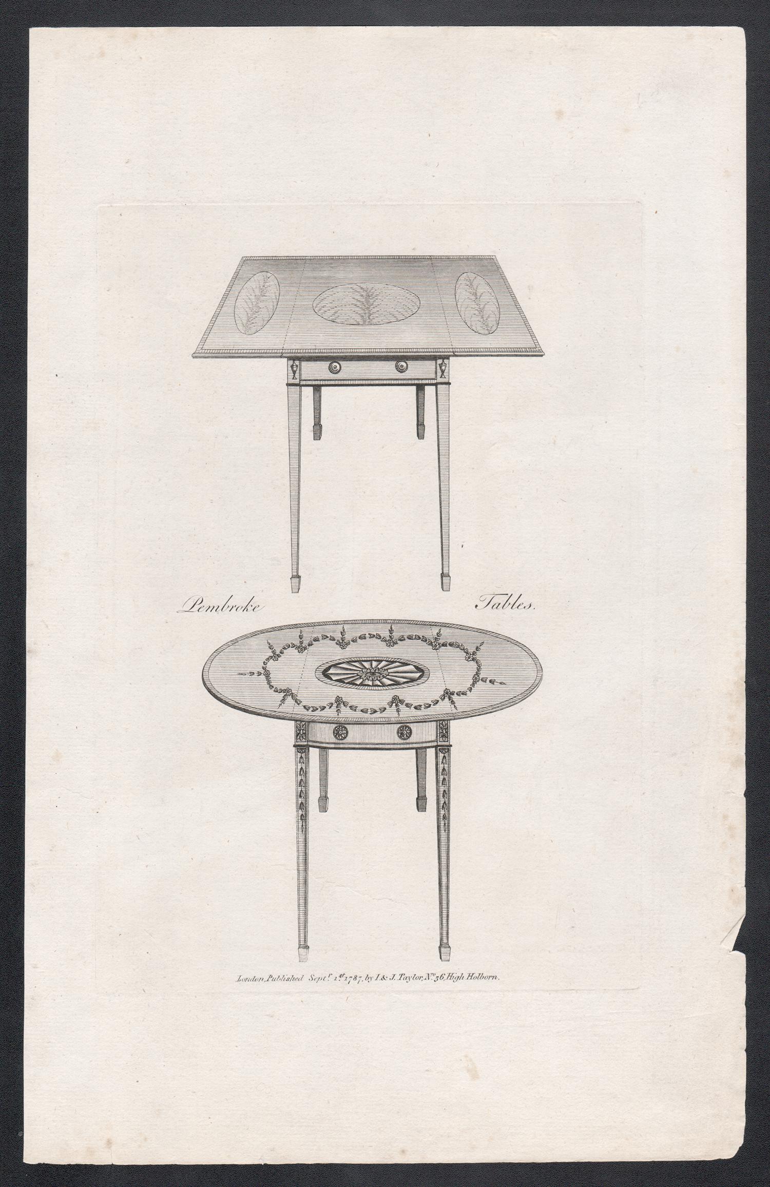 Hepplewhite-Tische mit georgianischem Möbeldesign-Stickerei – Print von George Hepplewhite