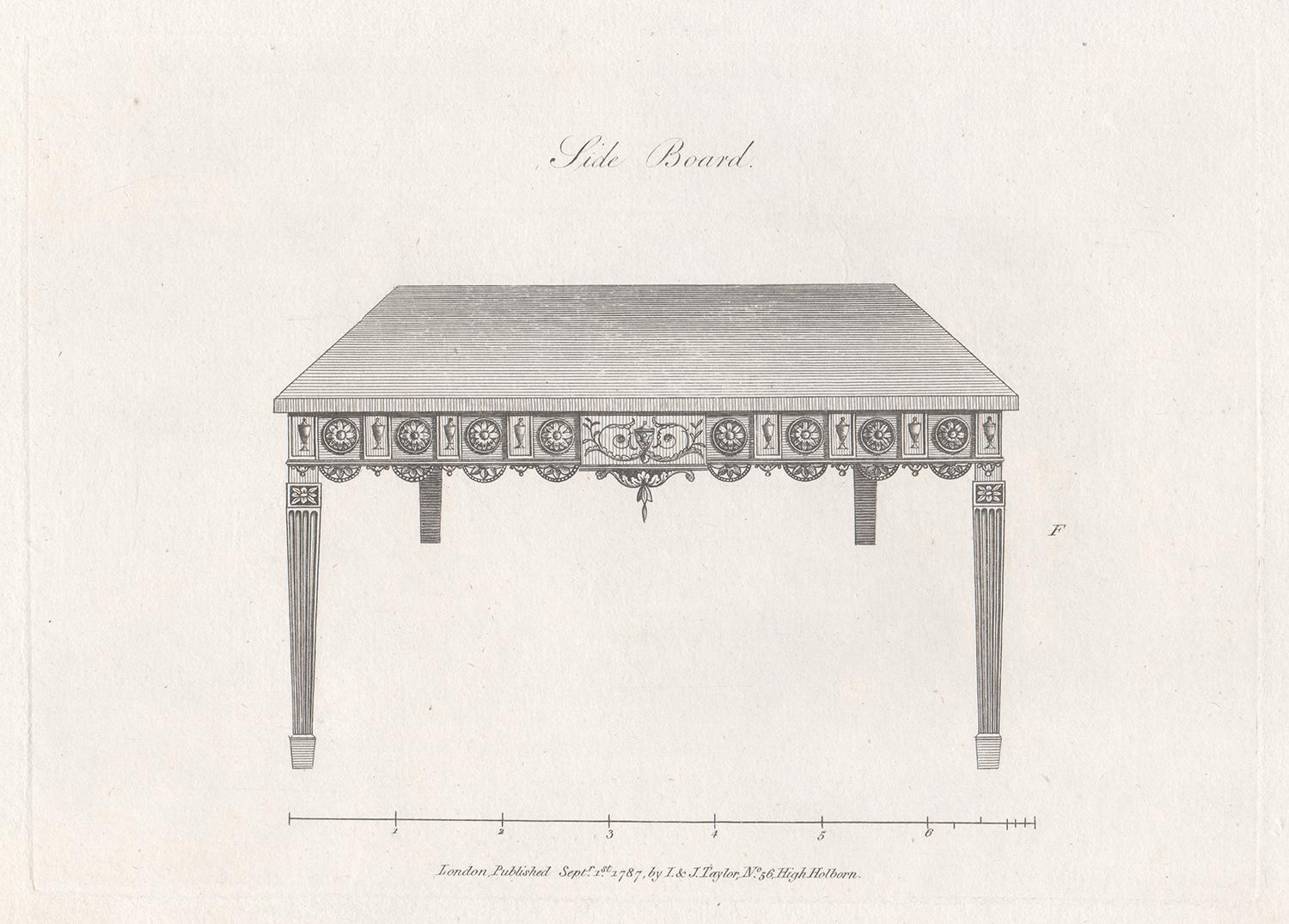 George Hepplewhite Interior Print – Side Board, Hepplewhite Englischer georgianischer Möbeldesign-Stickerei