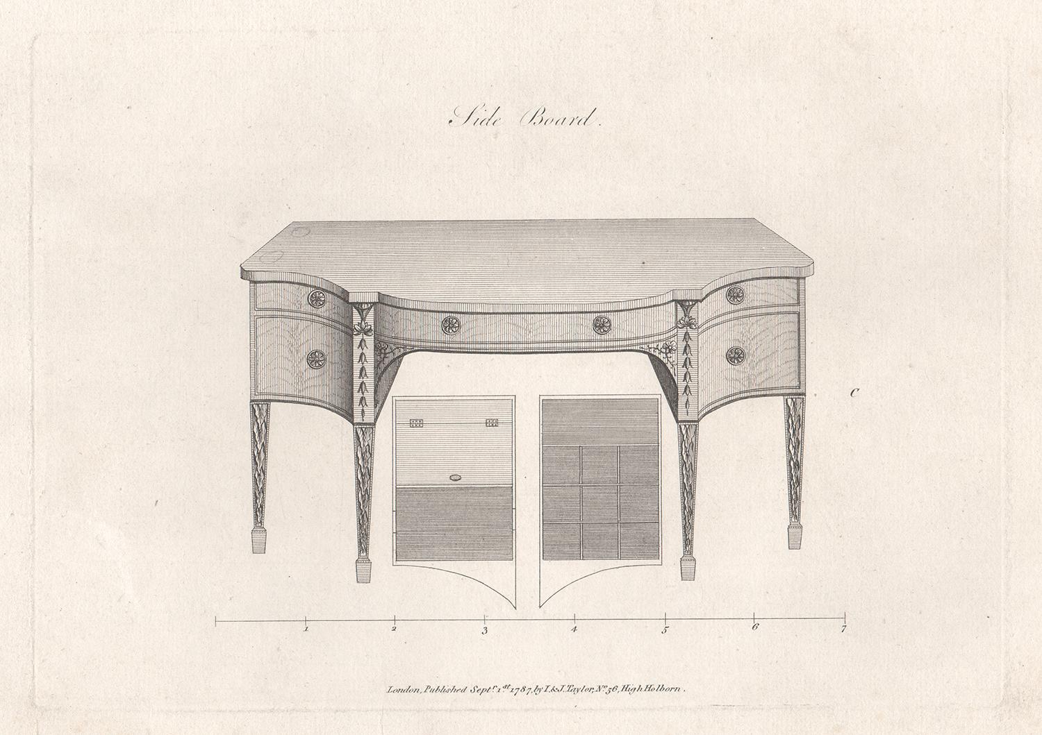 George Hepplewhite Interior Print – Side Board, Hepplewhite Englischer georgianischer Möbeldesign-Stickerei