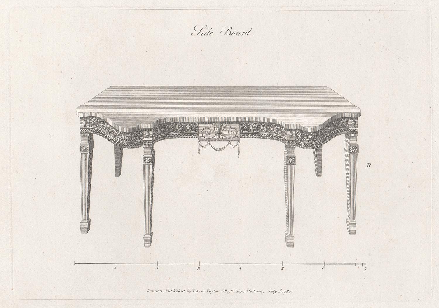 George Hepplewhite Interior Print - Side Board, Hepplewhite English Georgian furniture design engraving