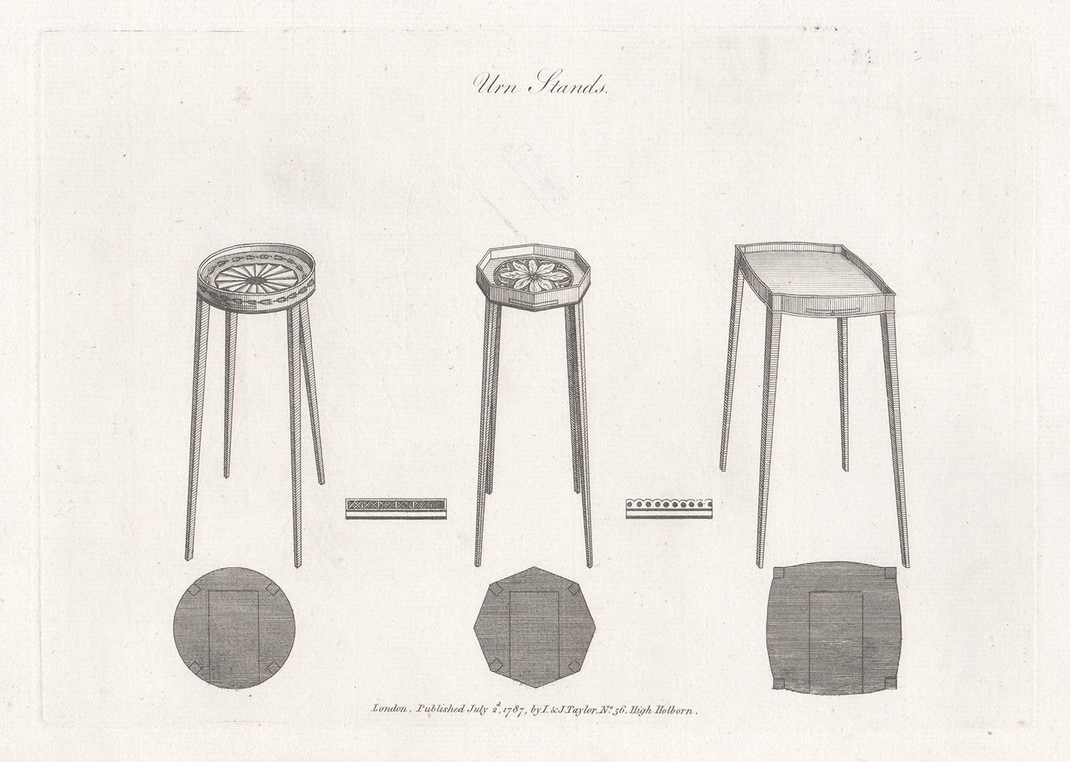 Urn Stands, Hepplewhite English Georgian furniture design engraving